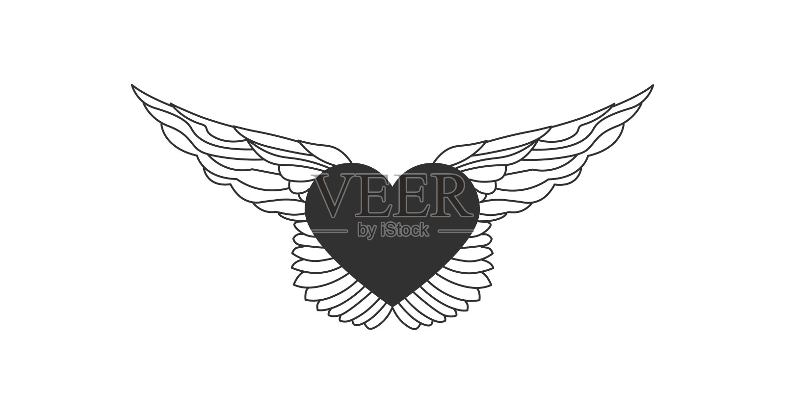 飞翔的心与翅膀线插图与可编辑的笔触。nLove概念。线性纹章元素。矢量插图隔离在白色背景上。插画图片素材