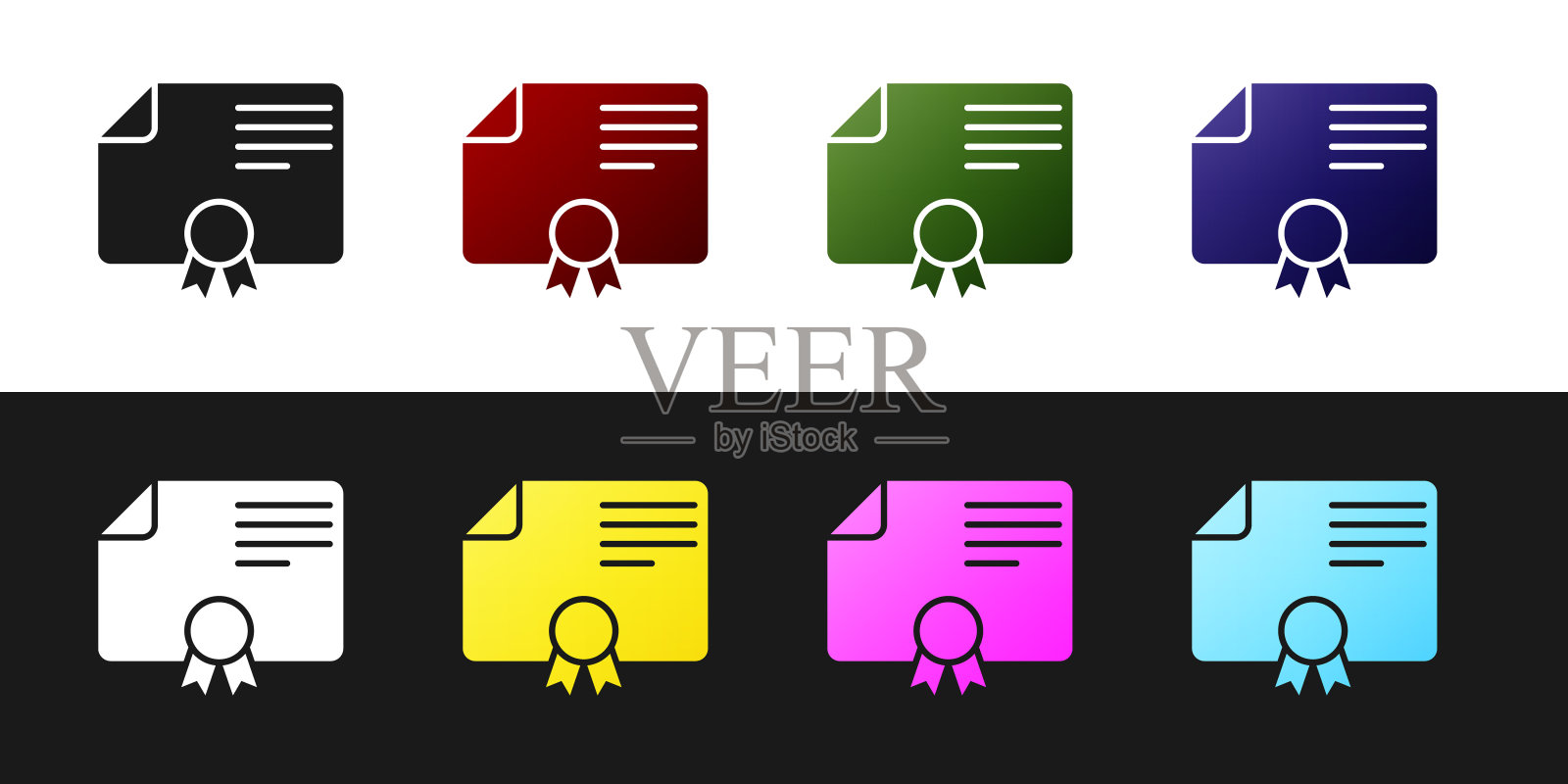 设置证书模板图标隔离在黑色和白色背景。成就，奖励，学位，授予，文凭概念。商业成功的证书。矢量图插画图片素材
