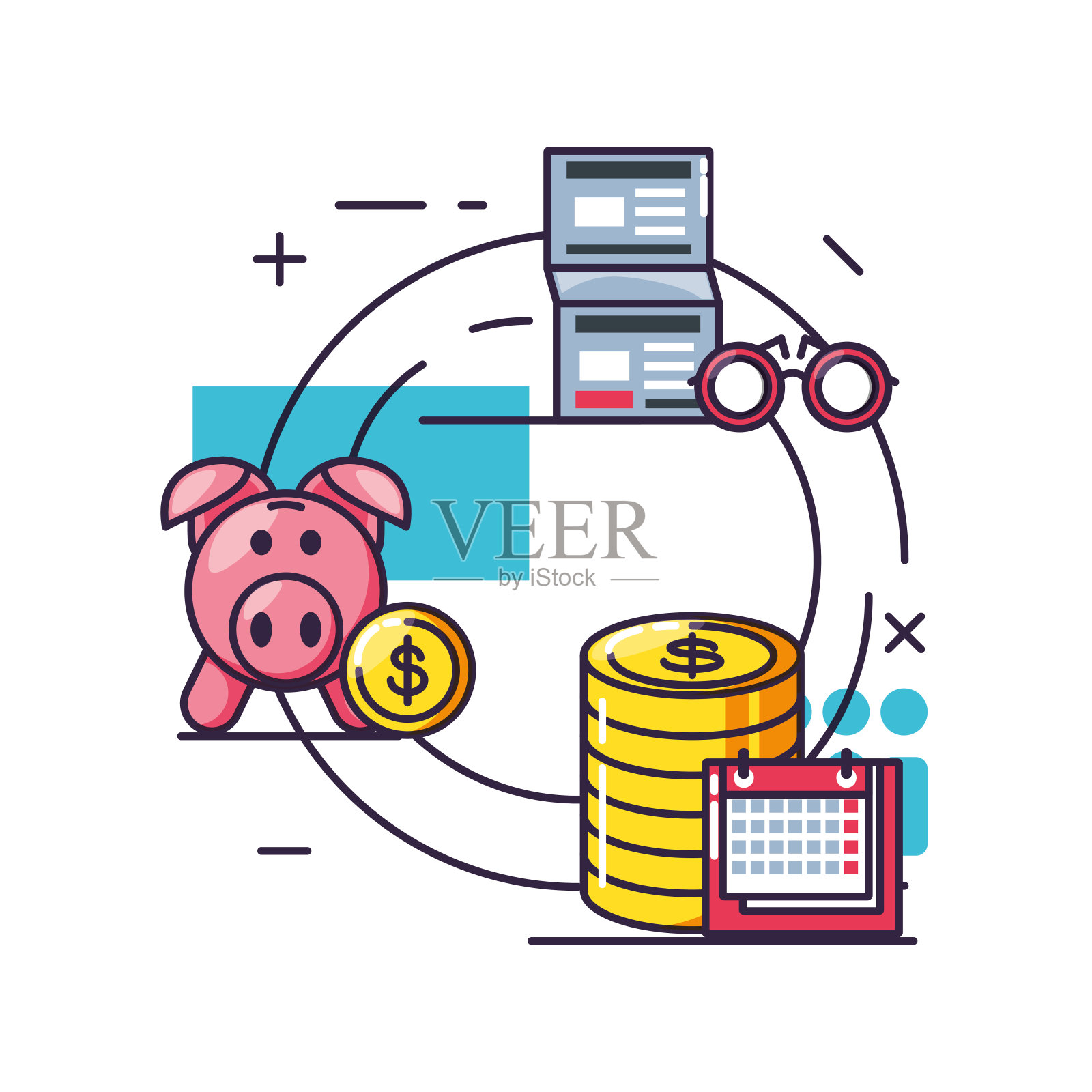 堆硬币美元报告和设置图标插画图片素材