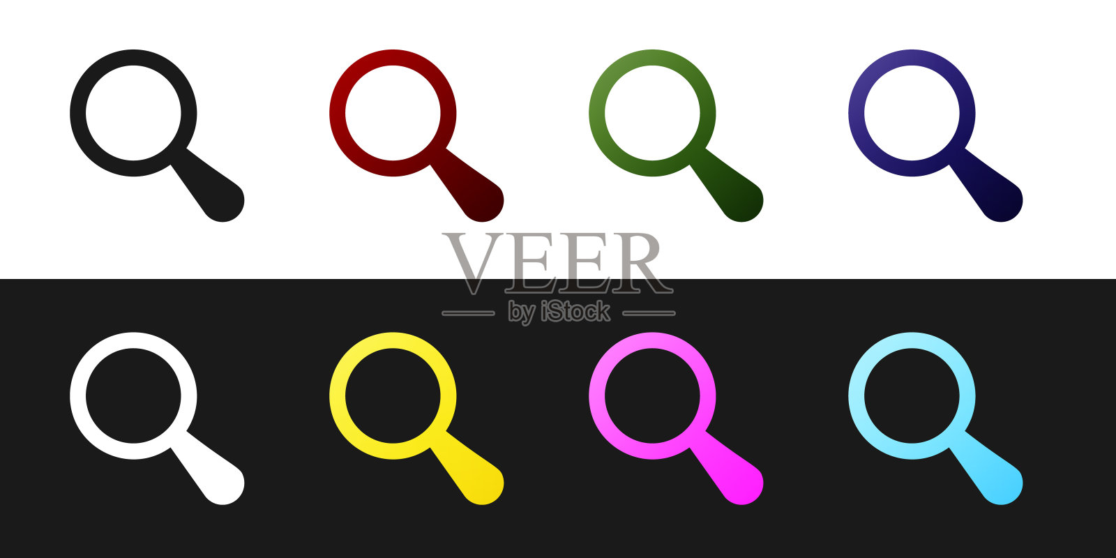 设置放大镜图标隔离在黑色和白色背景。搜索，聚焦，缩放，商业符号。矢量图插画图片素材