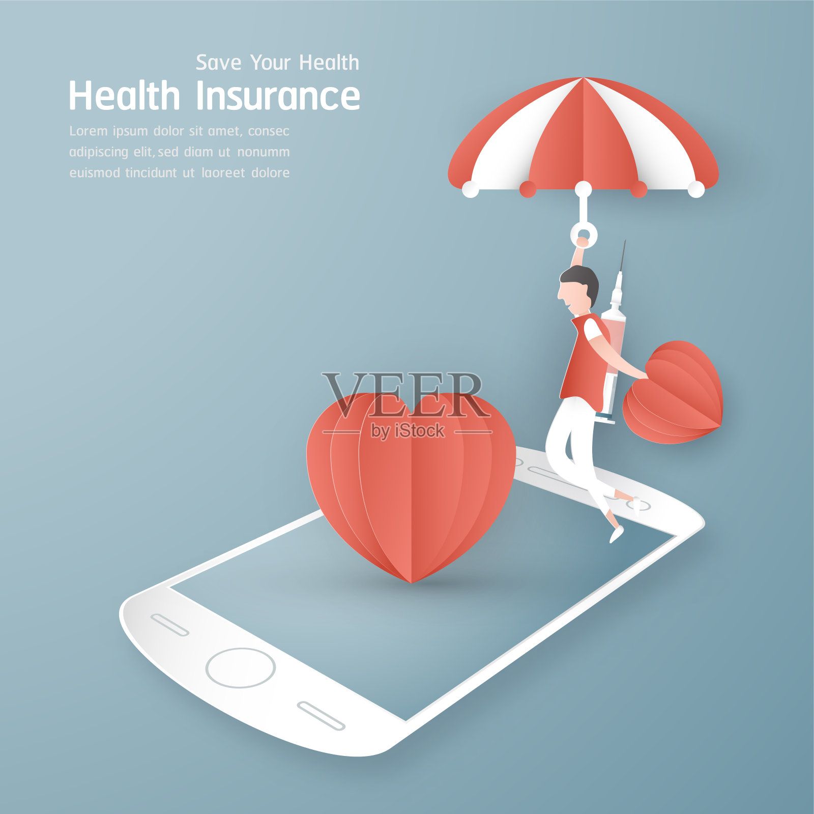 健康保险概念中的矢量图解。模板设计是在彩色的蓝色背景为封面，网页横幅，海报，幻灯片演示。艺术工艺的孩子在3D剪纸风格。插画图片素材