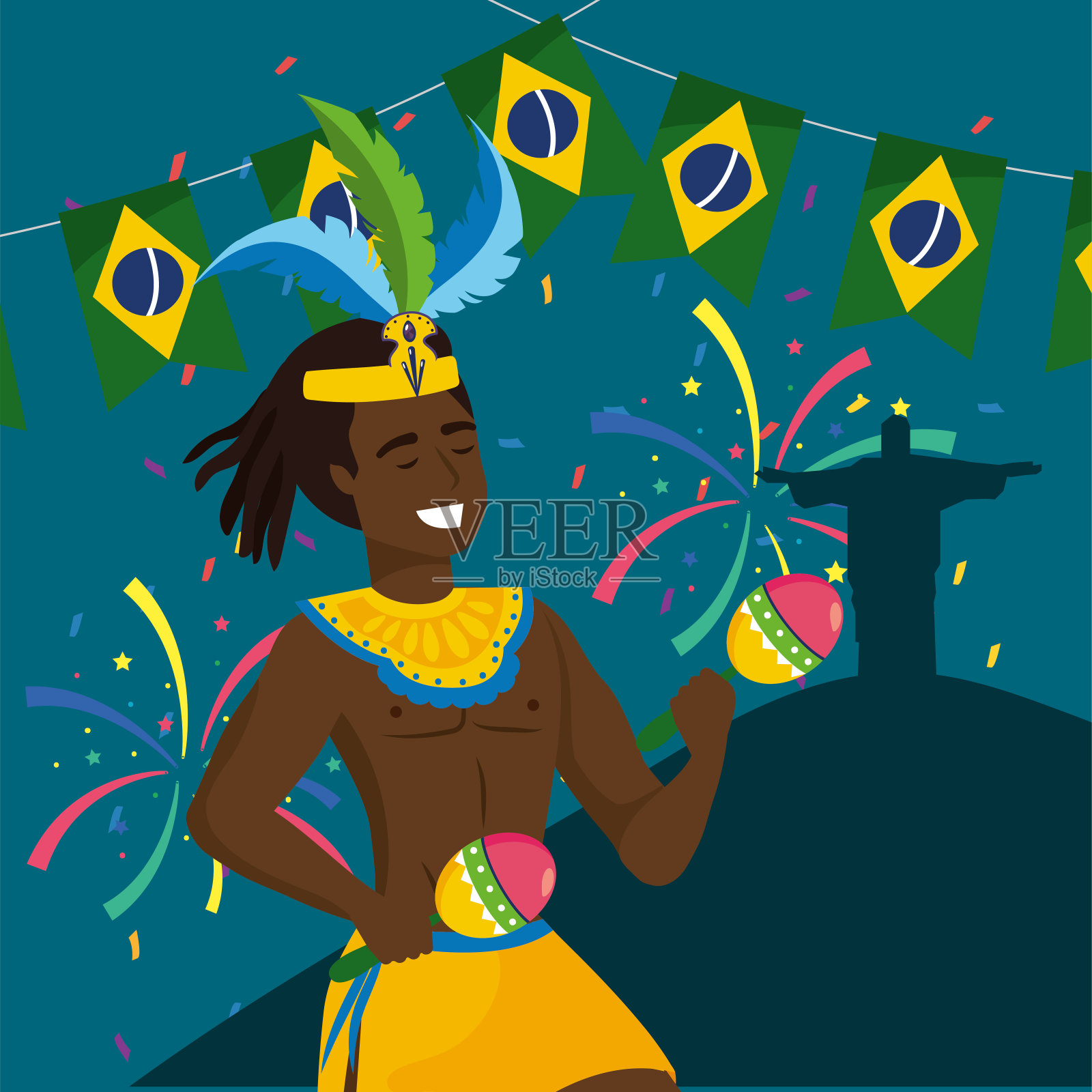 男子音乐家与沙球和政党巴西旗帜设计元素图片