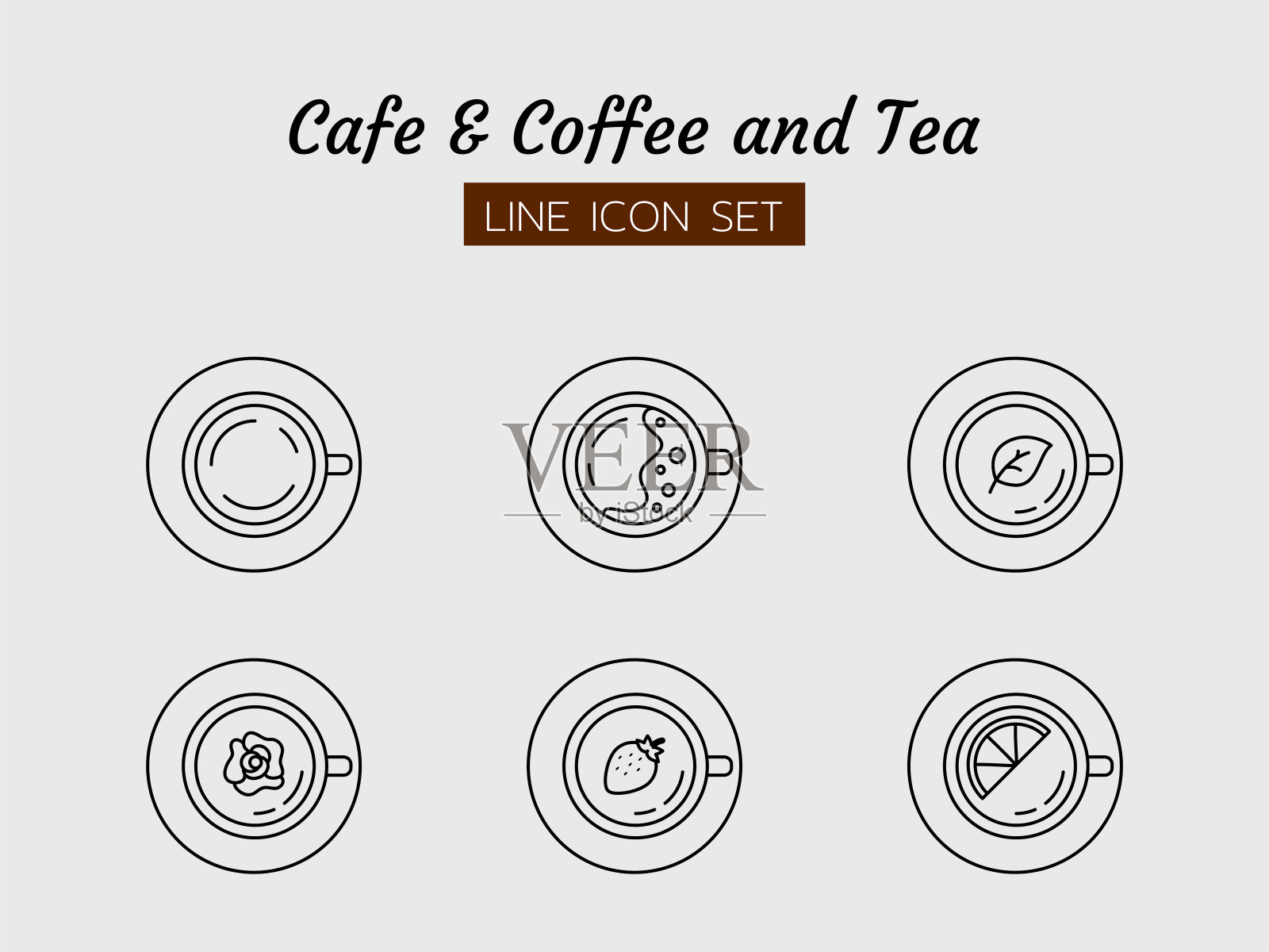 线条图标符号集，咖啡和茶咖啡顶视图饮料饮料，柠檬，草莓，玫瑰，孤立的平面轮廓矢量设计图标素材