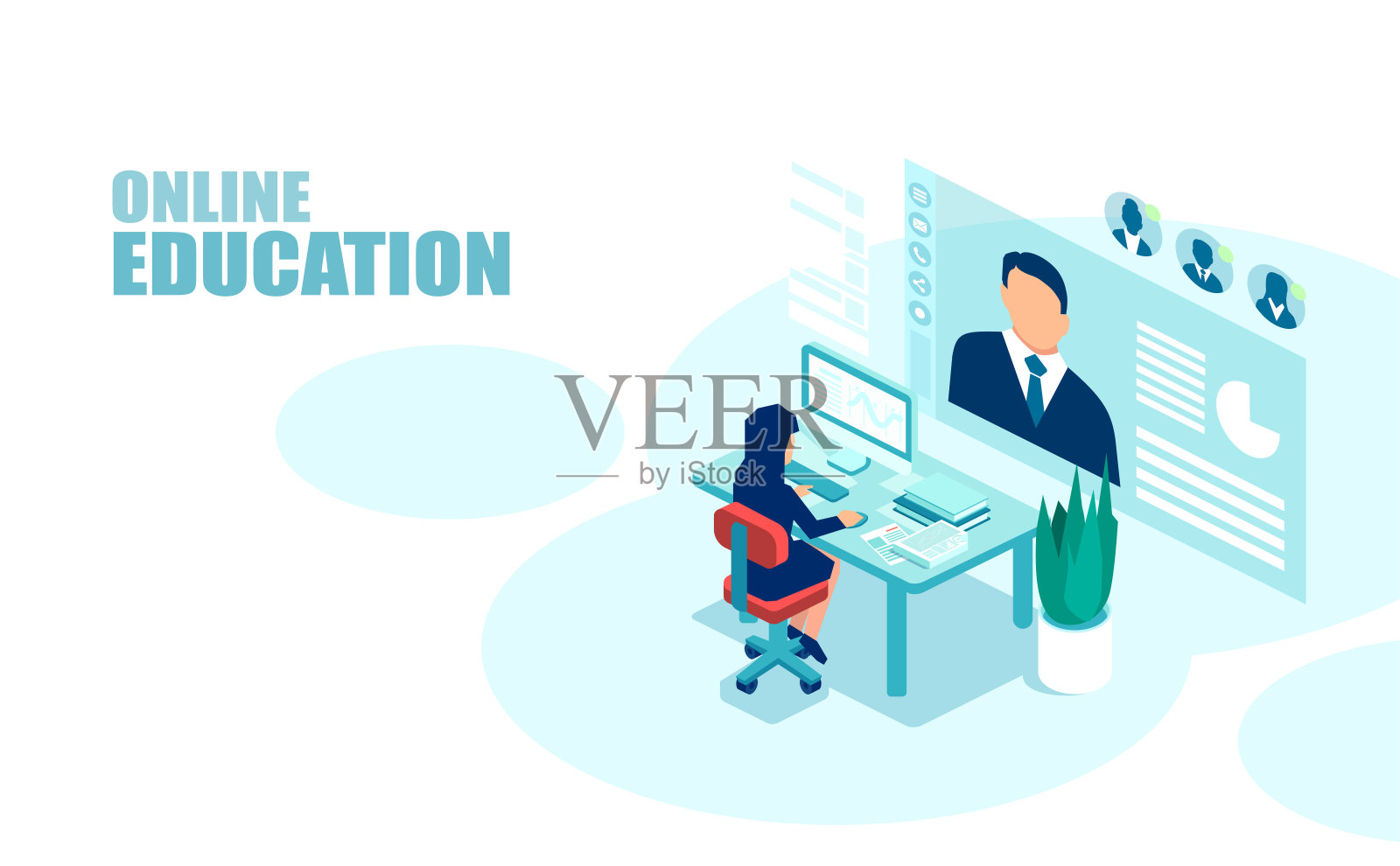 一个学生在计算机上听网络研讨会的矢量插画图片素材