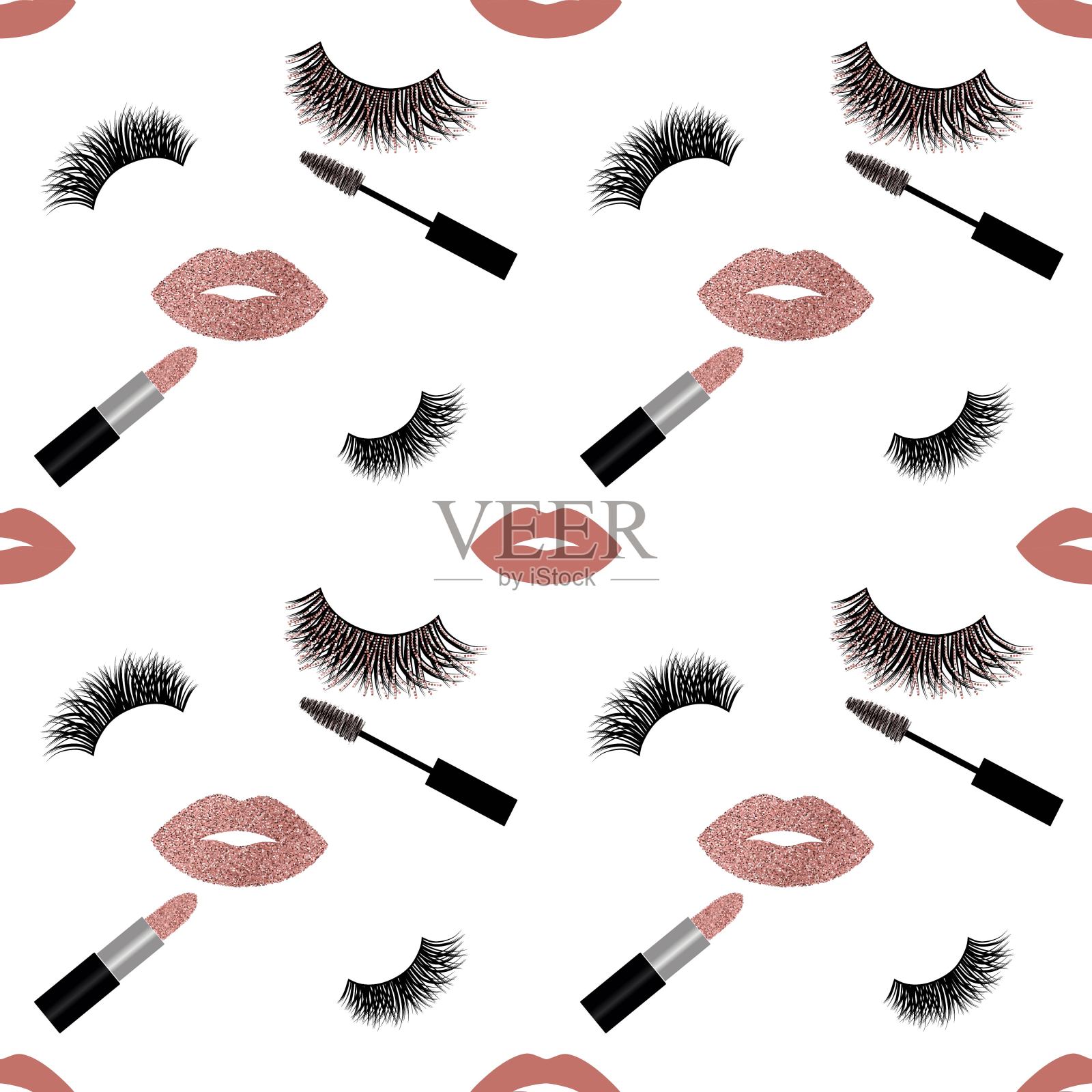 无缝矢量模式与睫毛，口红和睫毛膏闪闪发光的效果插画图片素材