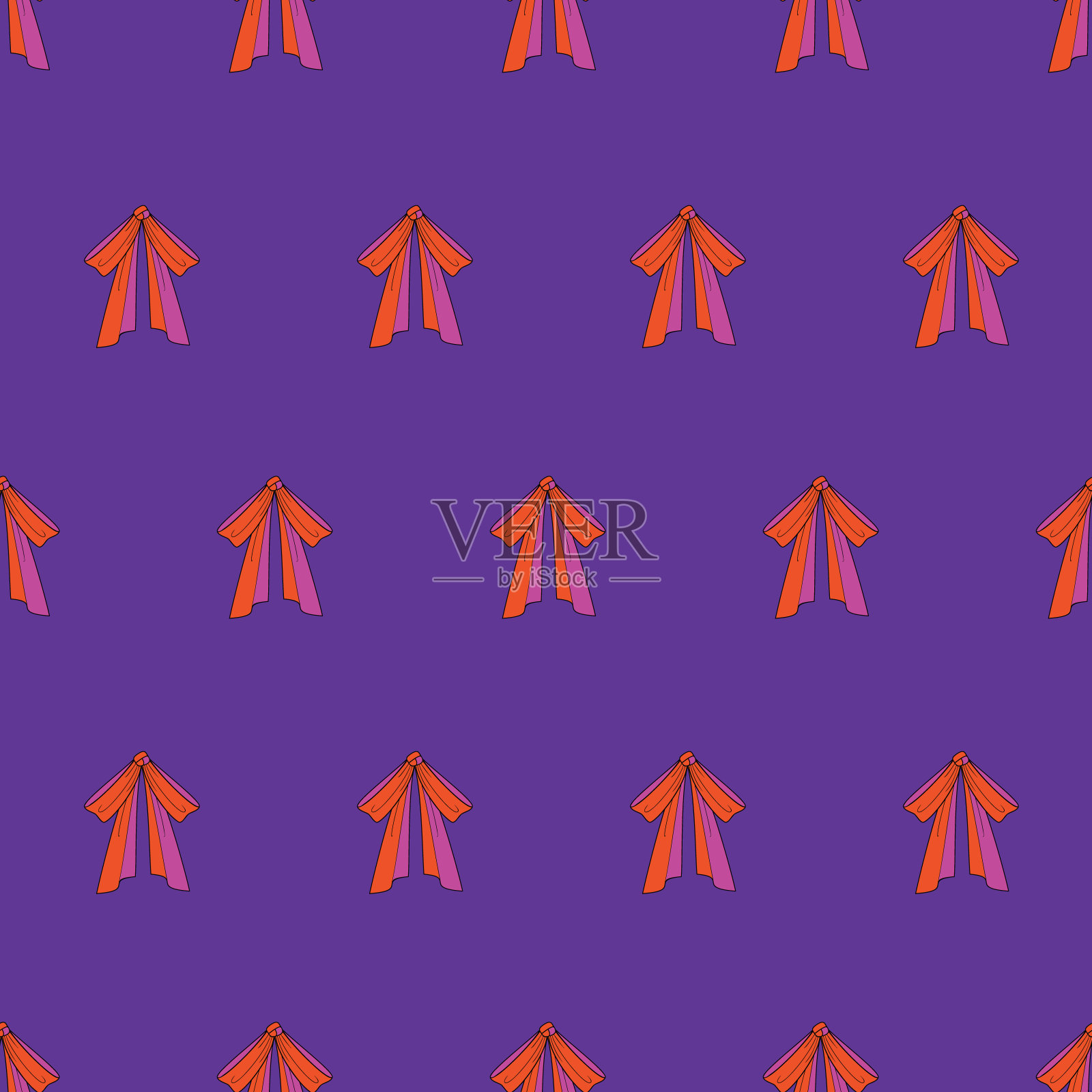 几何蝴蝶结向量模式。珊瑚和丁香色调的简单蝴蝶结在紫色的背景。插画图片素材