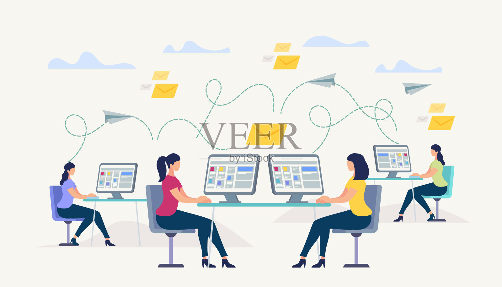 坐在电脑显示器前的女孩们。人聊天插画图片素材