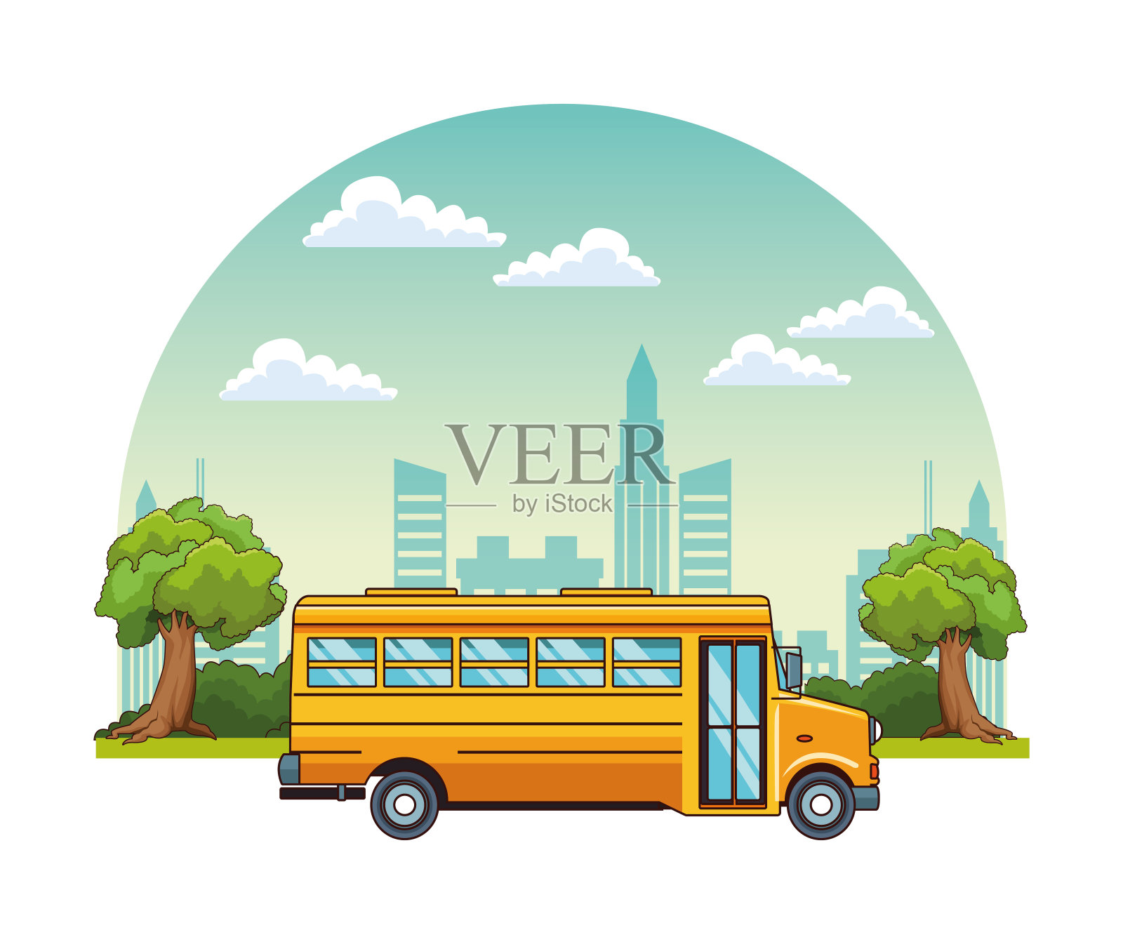 校车经过城市风景插画图片素材