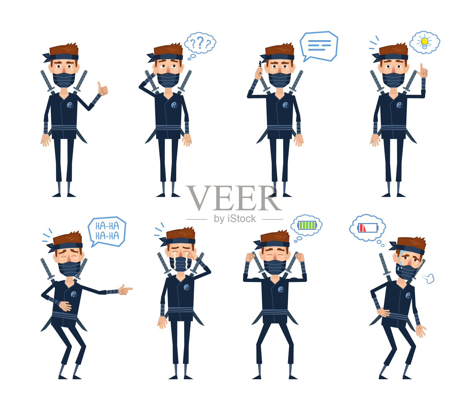 一组忍者人物在不同的情况下摆姿势。开朗的忍者站着，思考，打电话，指指点点，笑着，哭着，累了，精力充沛插画图片素材