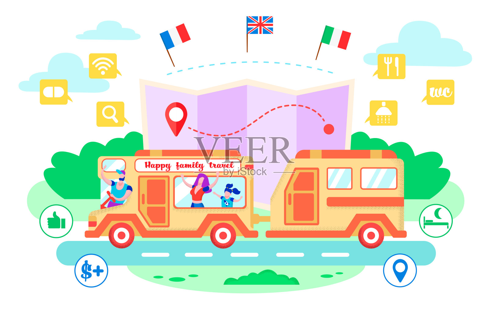 矢量插图幸福家庭旅行卡通。插画图片素材