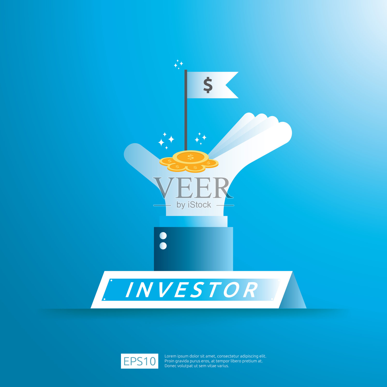 金融企业投资者的投资理念与货币硬币和成功标志旗在大手插图。投资回报ROI或薪酬支付概念。矢量图插画图片素材