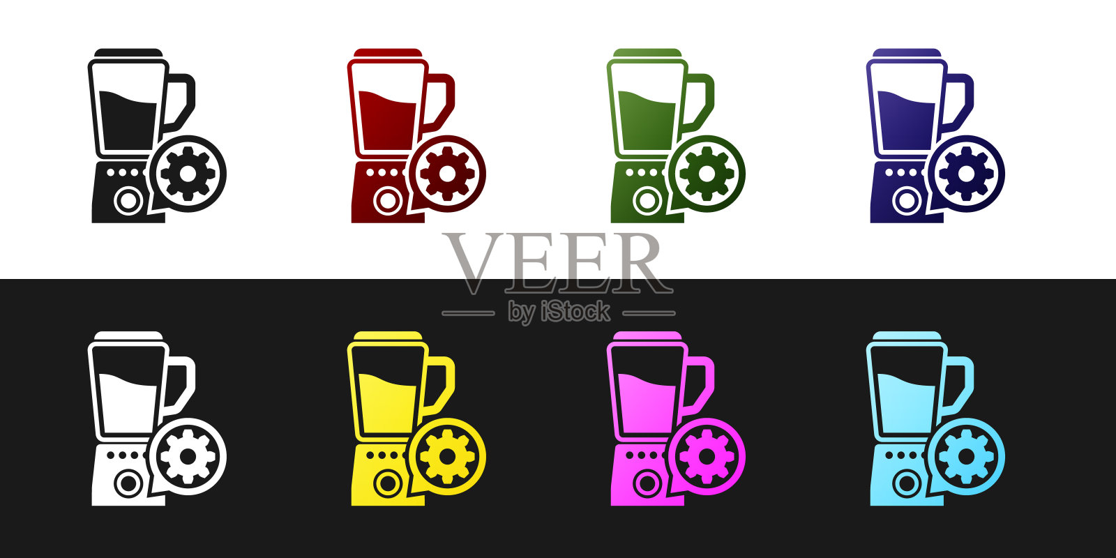 设置搅拌机碗和齿轮图标隔离在黑白背景。调整app，服务理念，设置选项，维护，维修，固定。矢量图插画图片素材