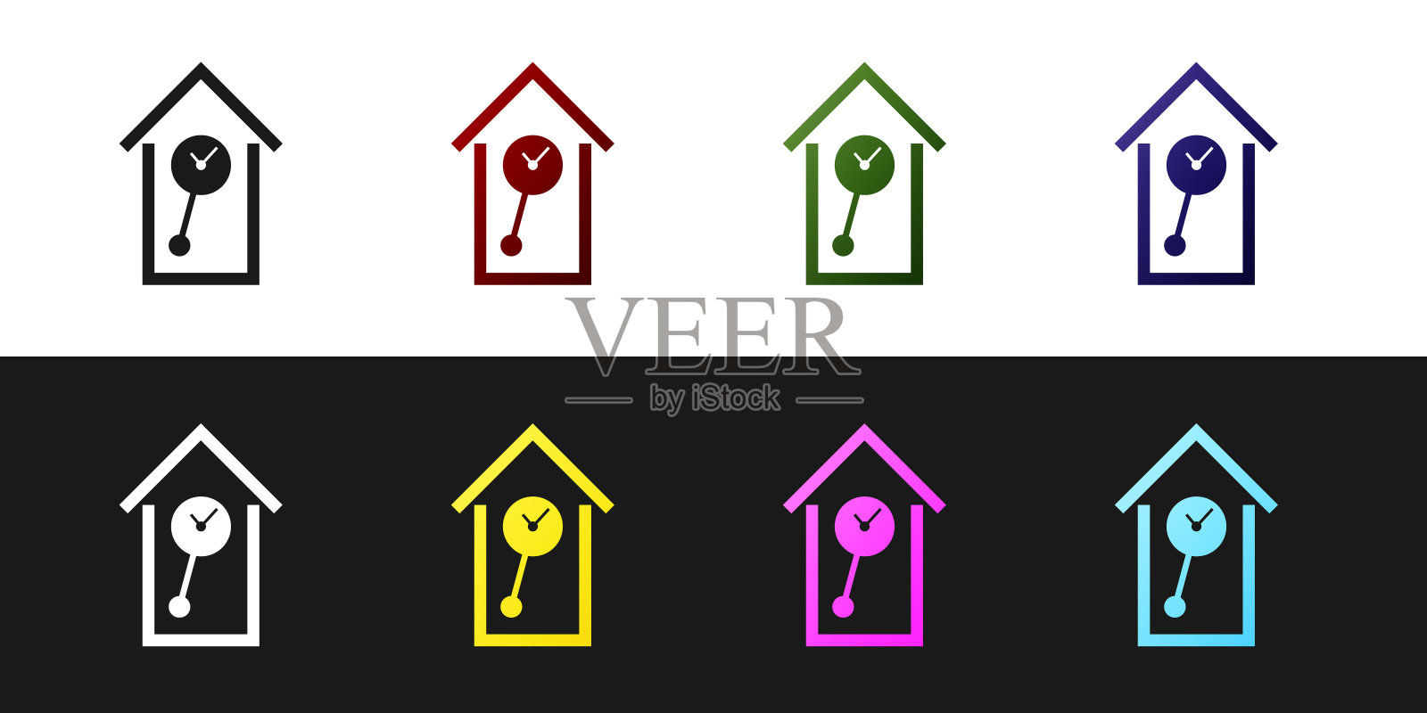 设置复古墙手表图标隔离在黑色和白色背景。布谷鸟钟的迹象。古老的摆钟。矢量图插画图片素材