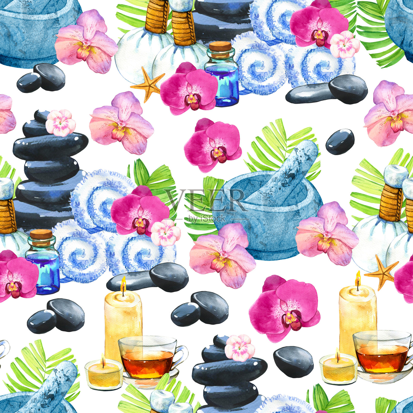 SPA水彩无缝图案。身体和脸部的插图:毛巾、花、石头、油、棕榈、兰花、茶、臼、蜡烛、洗液。化妆品对女人。放松在沙龙插画图片素材