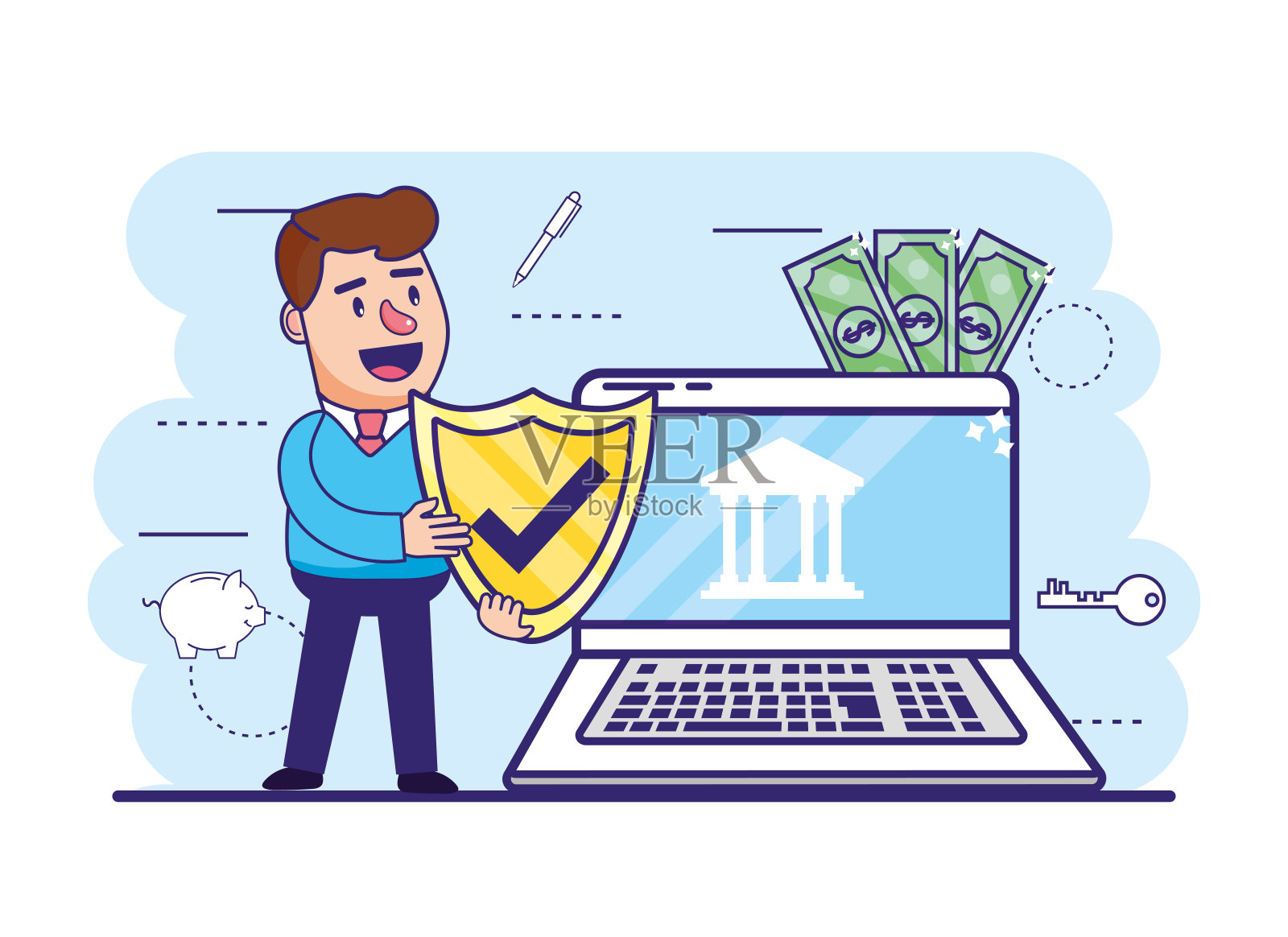 有安全防护罩的人还有带电子银行的笔记本电脑插画图片素材