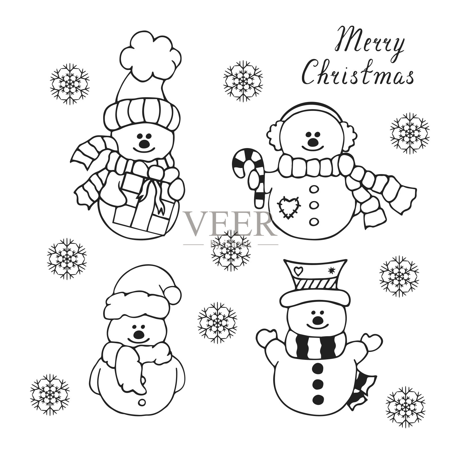 一套手绘的可爱的圣诞雪人与围巾，糖果和礼物。冬天的雪花用来装饰贺卡。矢量孤立的假日设计元素。设计元素图片