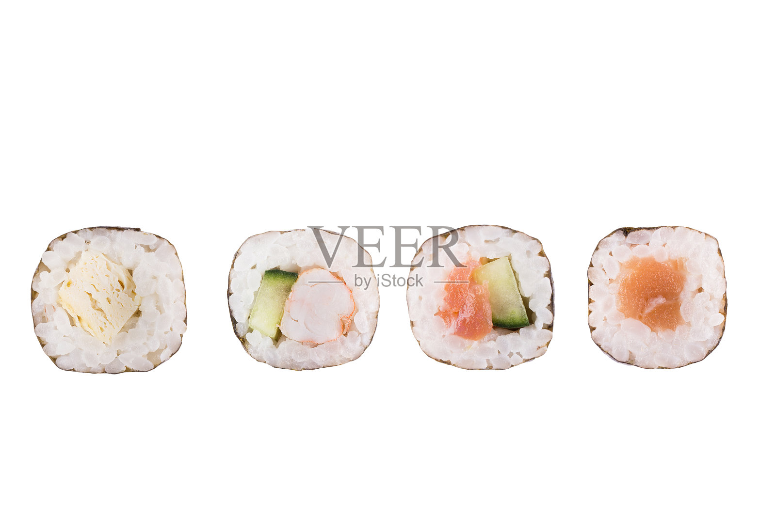 寿司卷孤立在白色背景上。收集。特写美味的日本食物和寿司卷。照片摄影图片