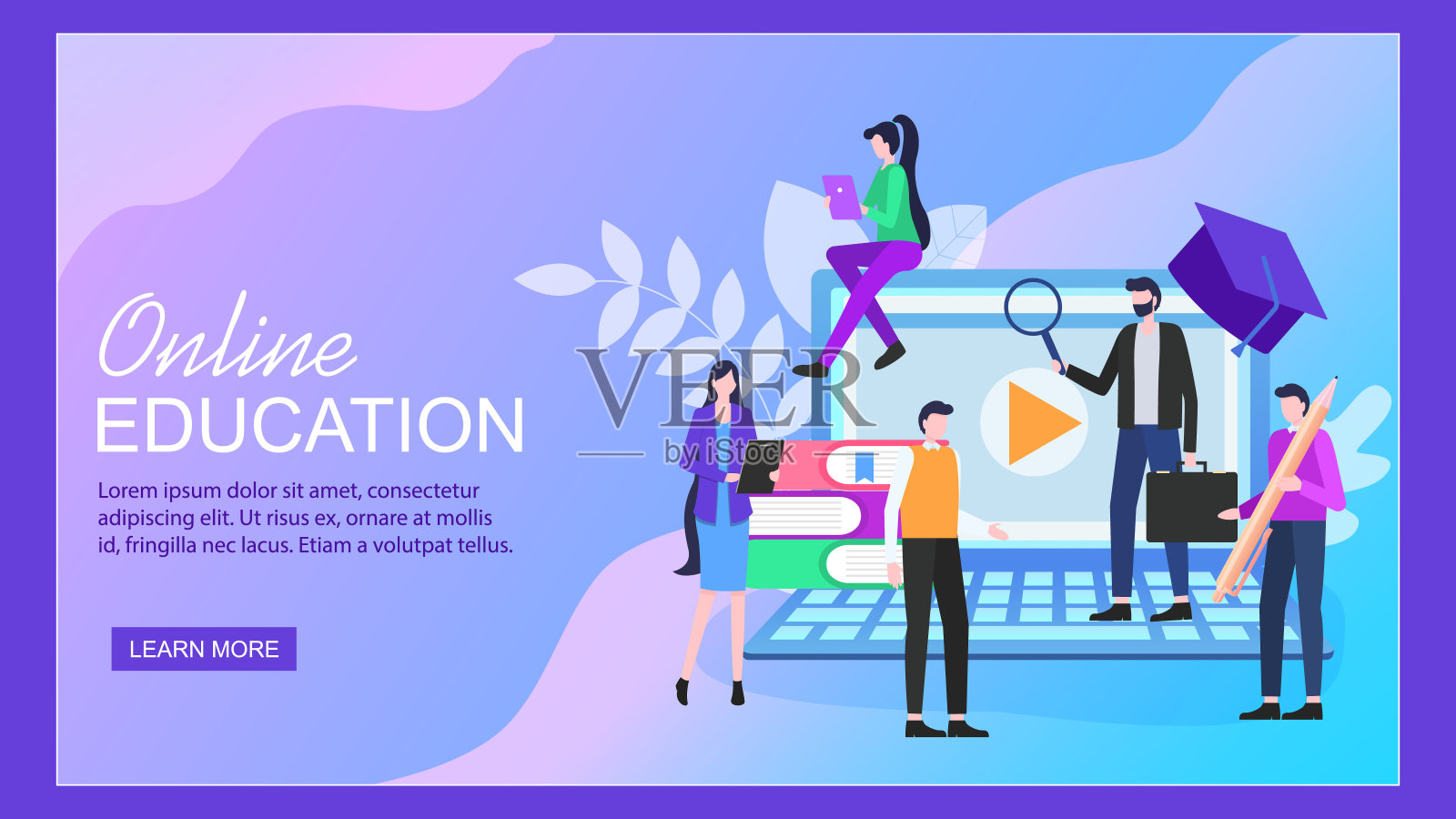 在线教育笔记本女男学生插画图片素材