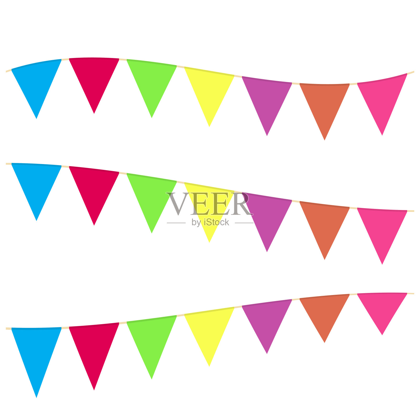 逼真的悬挂彩色彩旗，花环旗设置不同类型的庆祝节日。向量插画图片素材