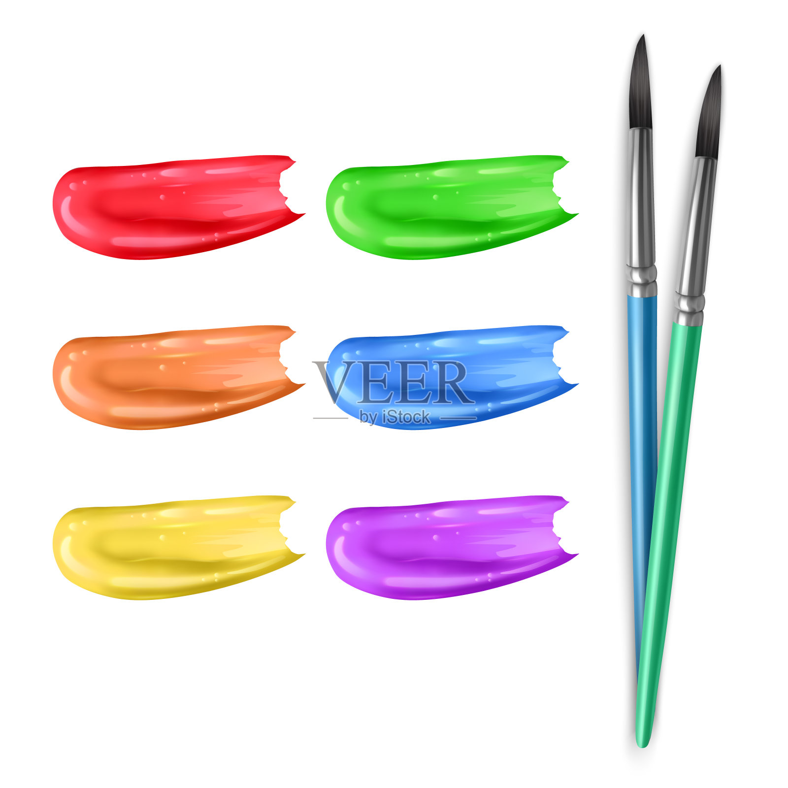 一套彩色涂抹丙烯酸或水粉颜料在白色背景和画笔，现实的明亮色彩笔触在白色背景插画图片素材