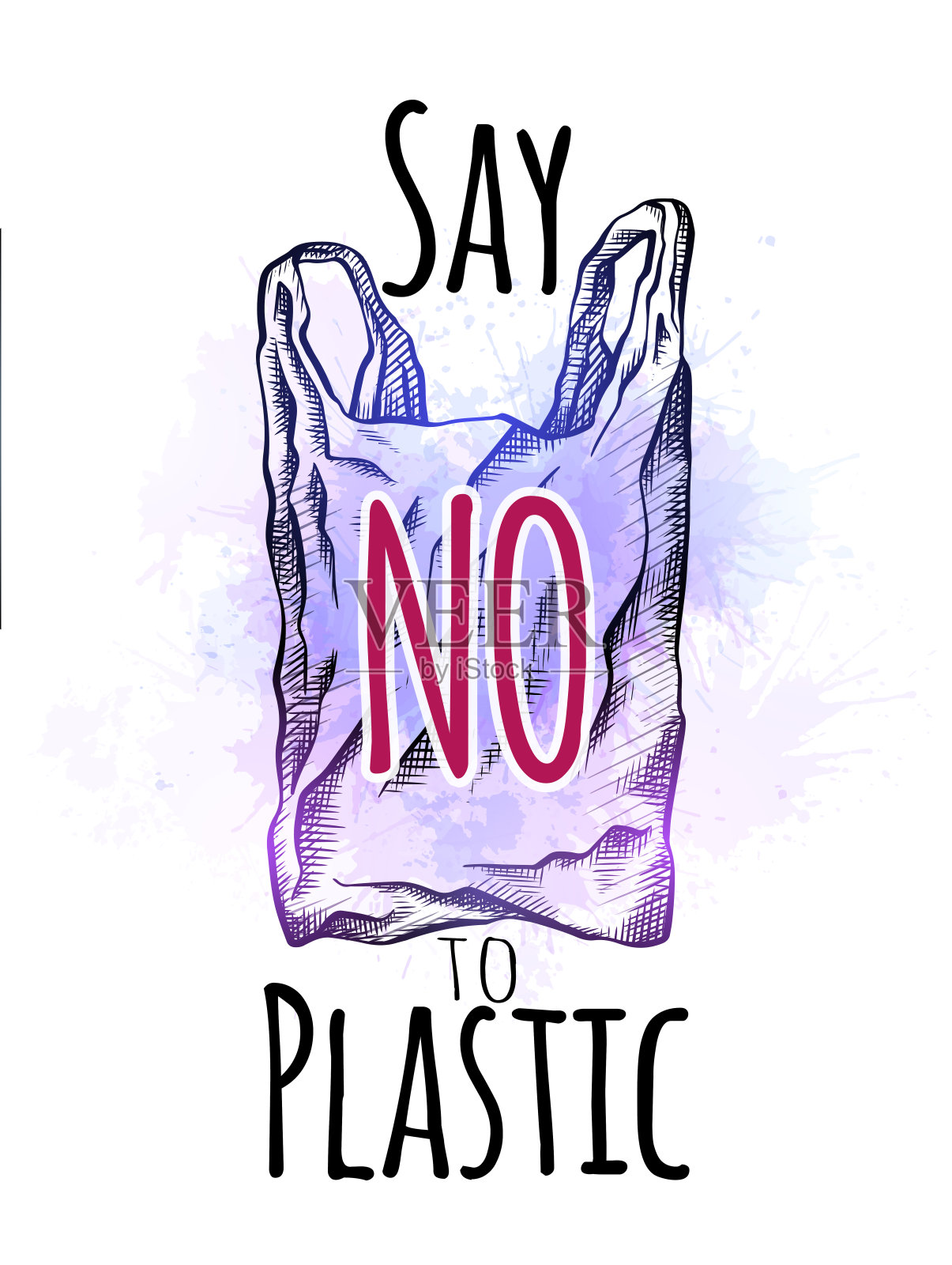 拒绝塑料。线条画的塑料袋与孵化和紫罗兰水彩飞溅。环境污染。垂直的名片。向量潦草的画插画图片素材