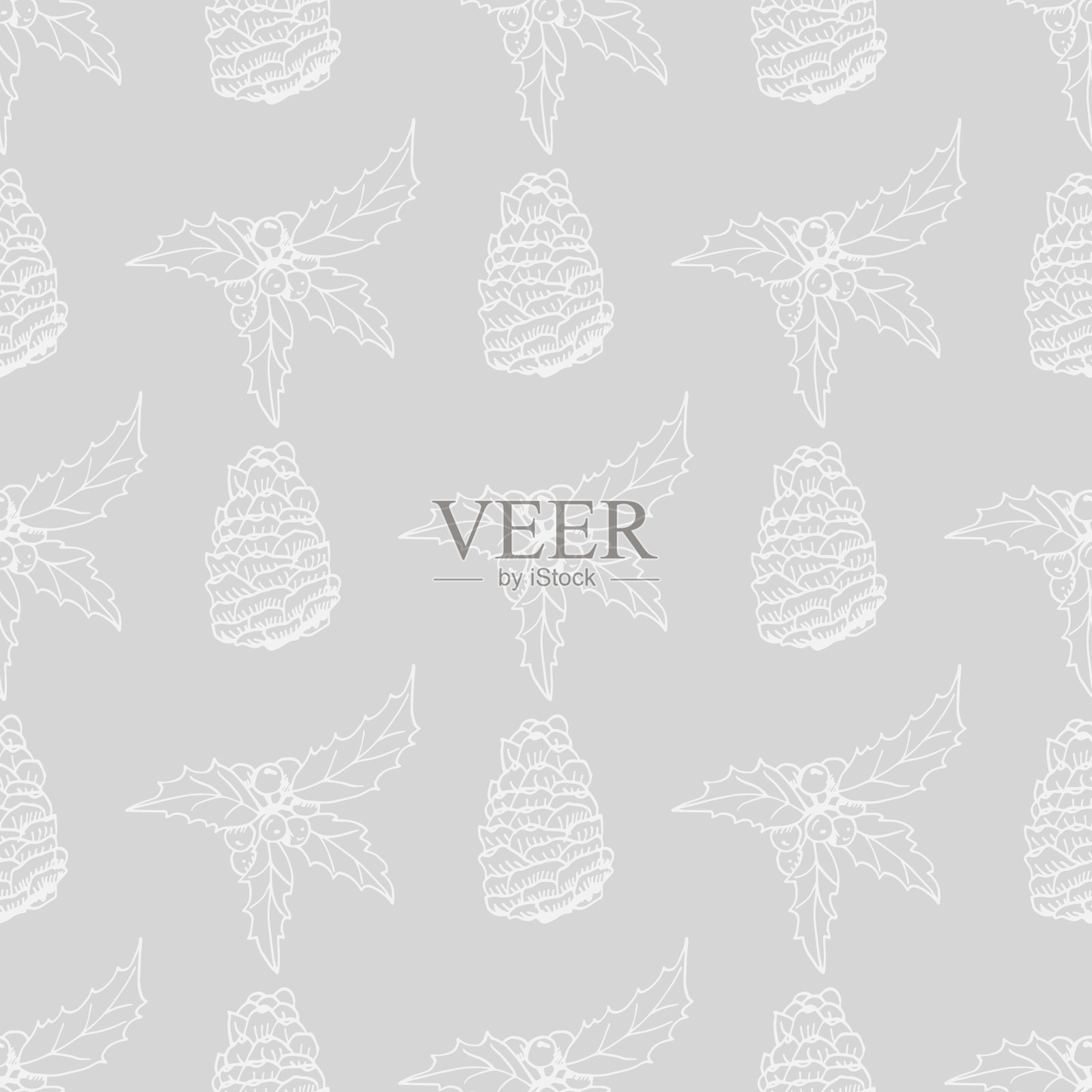 圣诞冬青和松果无缝图案手绘草图插画图片素材