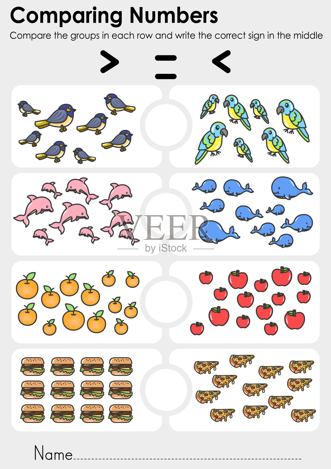 比较数字工作表的教育。-比较每一行中的组，并在中间写出正确的符号。插画图片素材
