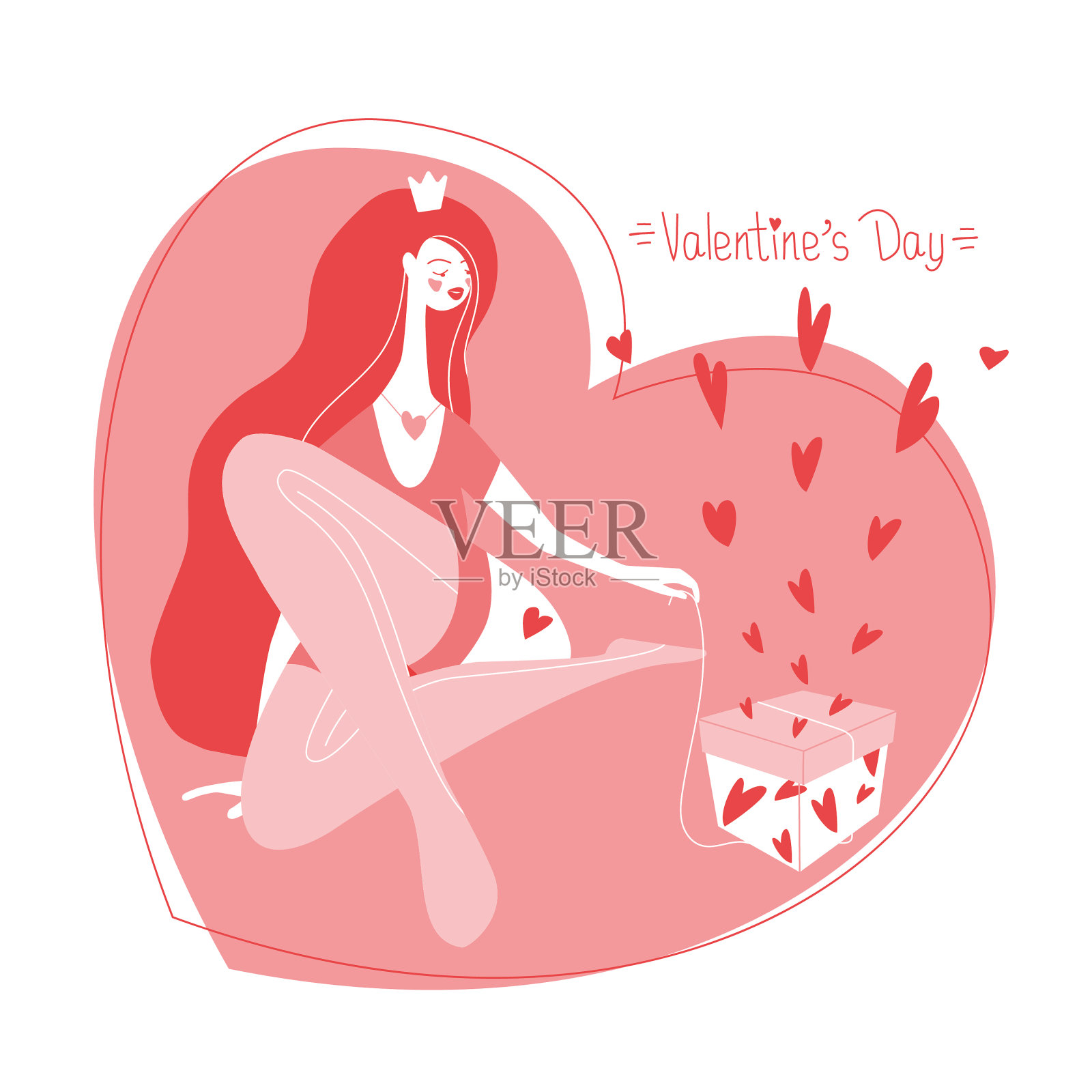 美丽的女孩，背景是一颗巨大的心。插画图片素材