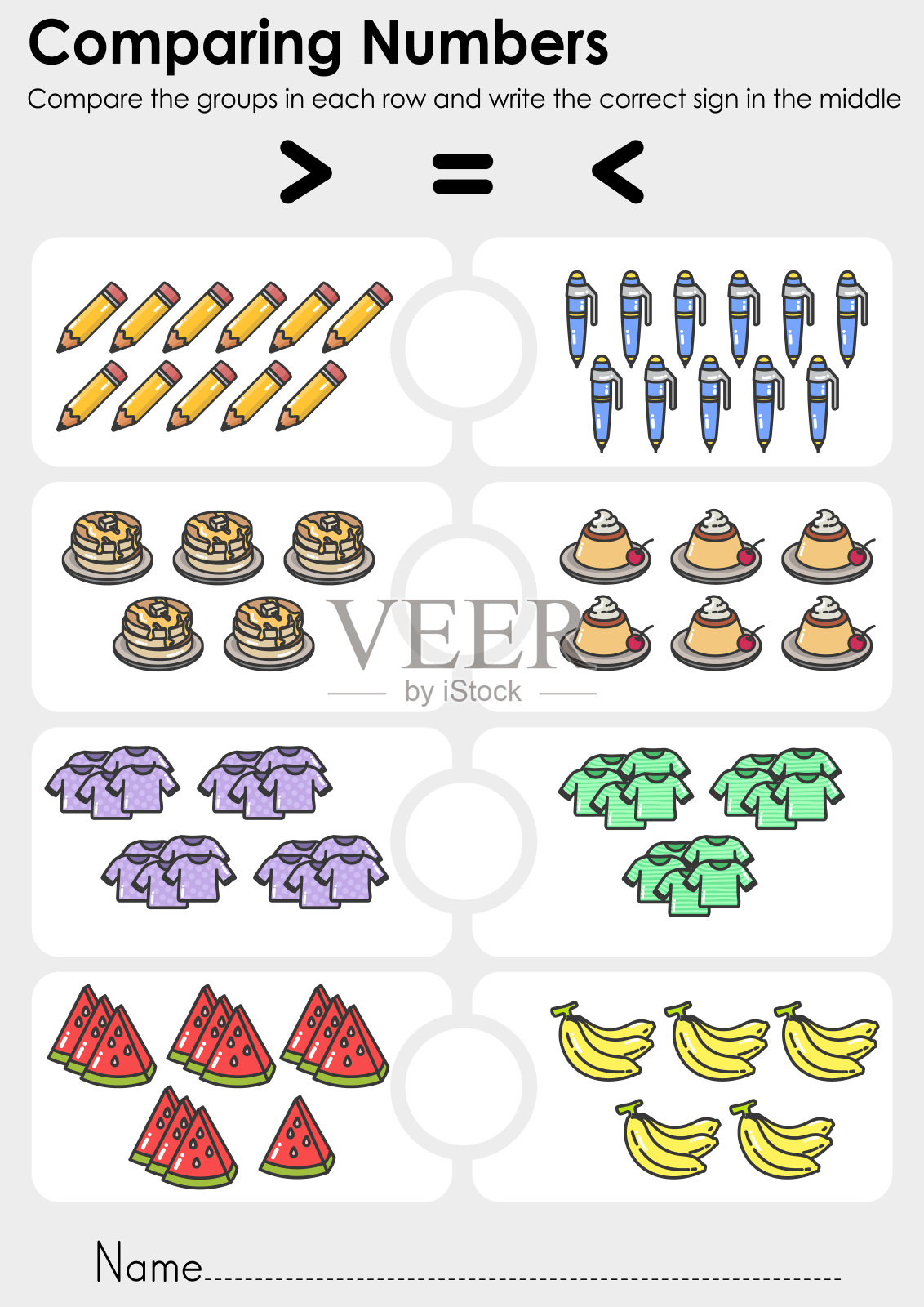 比较数字工作表的教育。-比较每一行中的组，并在中间写出正确的符号。图标素材