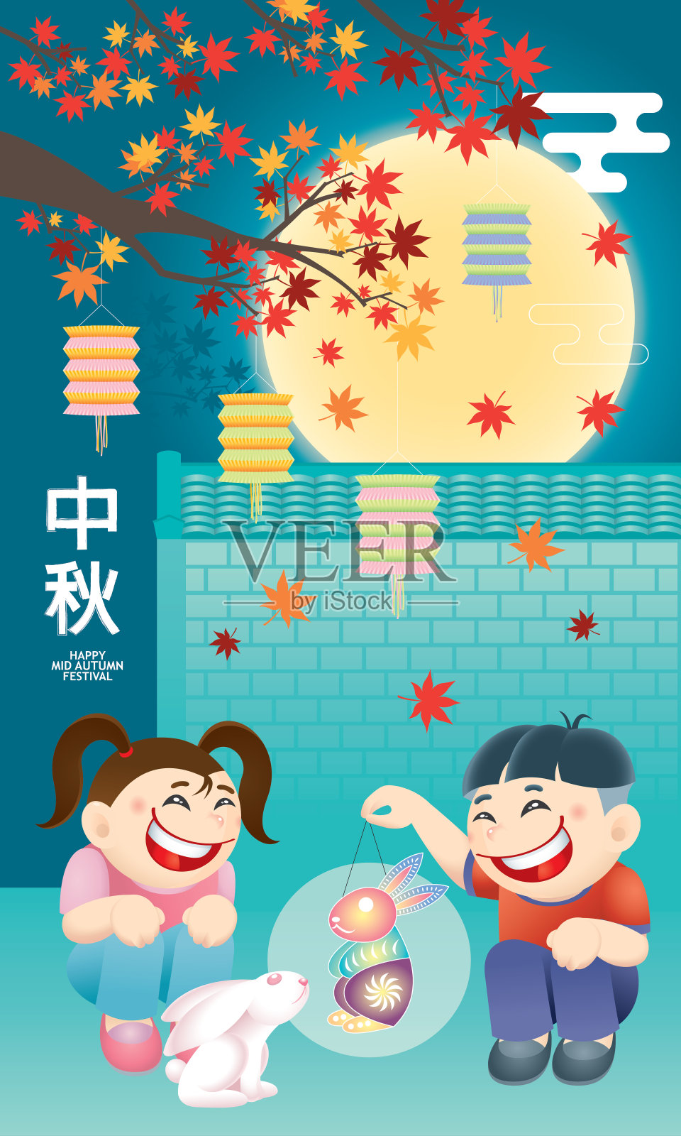 东方的孩子们和可爱的兔子一起玩灯笼。插画图片素材