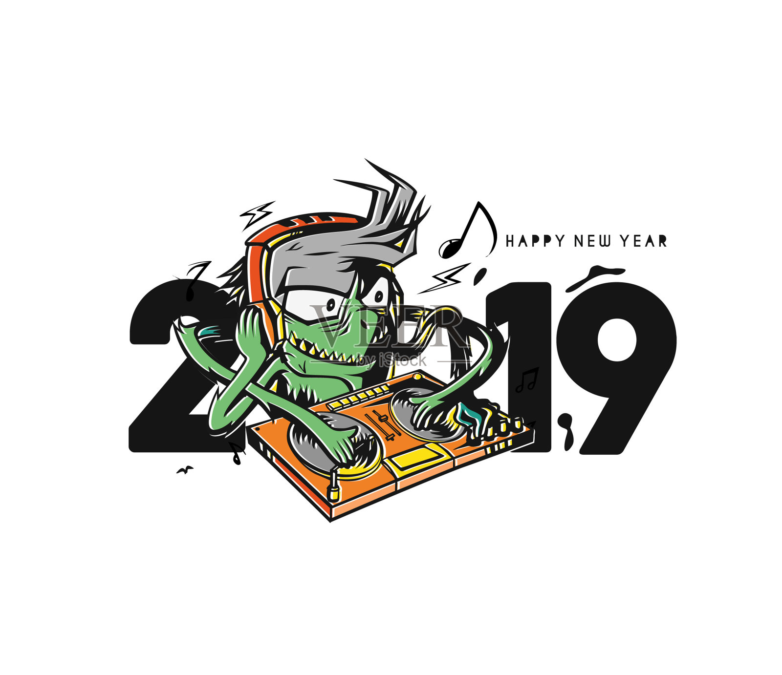 Happy New Year 2019 Text with monster play dj，矢量插画。插画图片素材