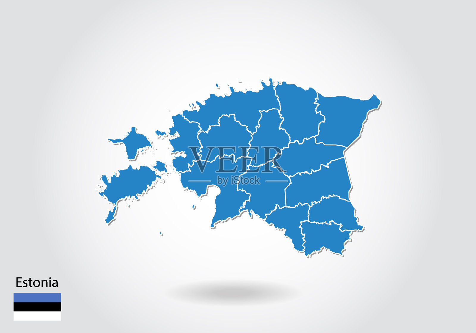 爱沙尼亚地图设计与3D风格。蓝色爱沙尼亚地图和国旗。简单的矢量地图，轮廓，形状，轮廓，在白色。插画图片素材