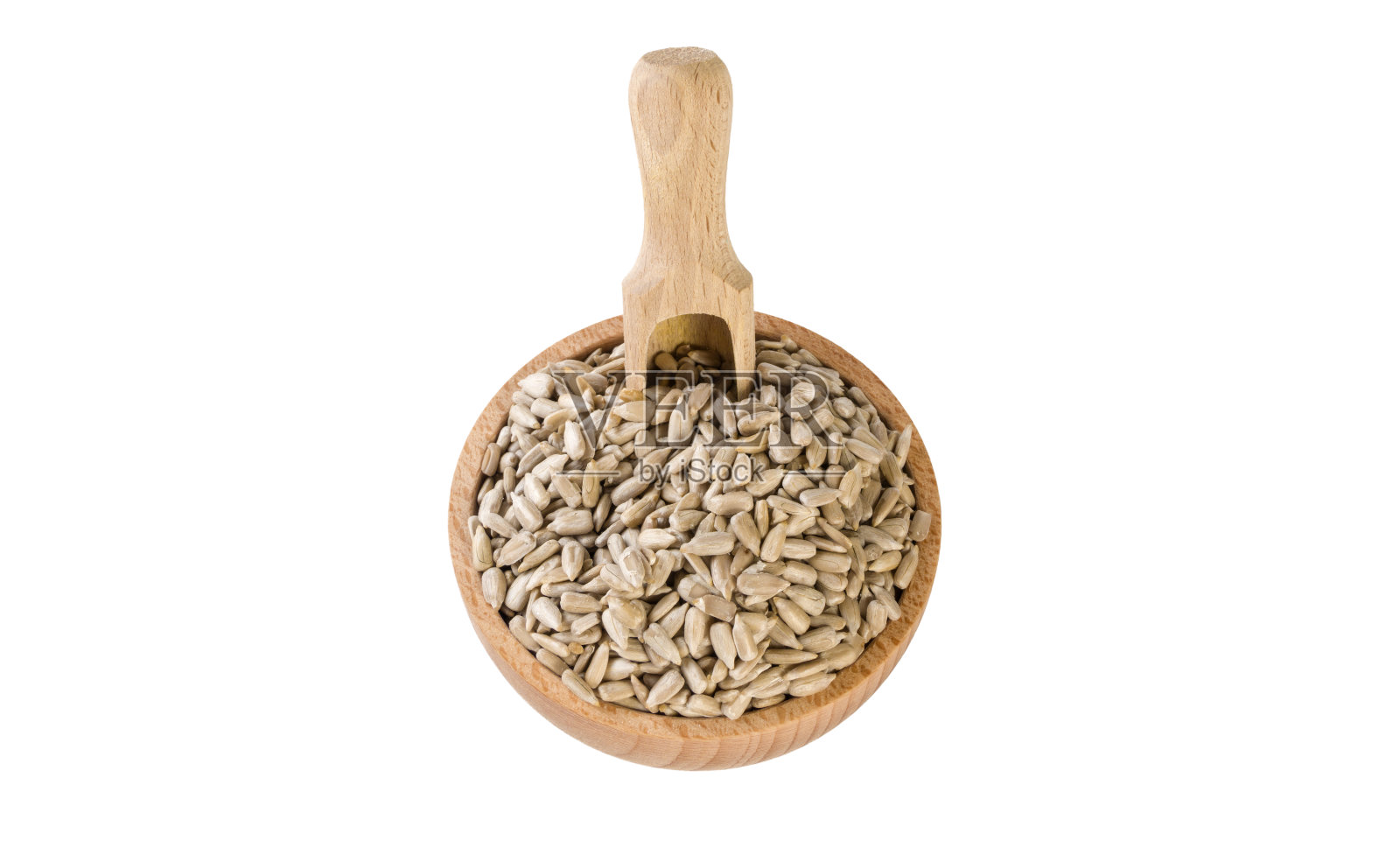 葵花籽在木碗和勺孤立在白色的背景。营养。生物。天然食品成分。前视图。照片摄影图片