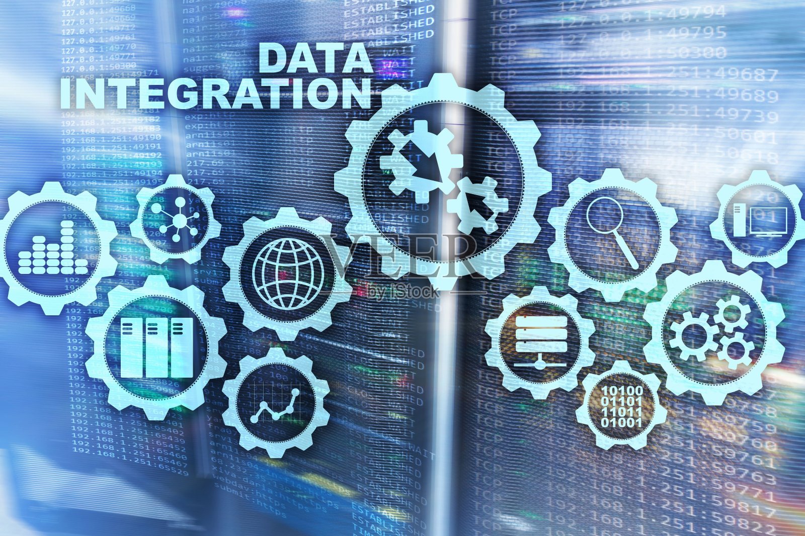 服务器室背景下的数据集成业务信息技术概念。照片摄影图片
