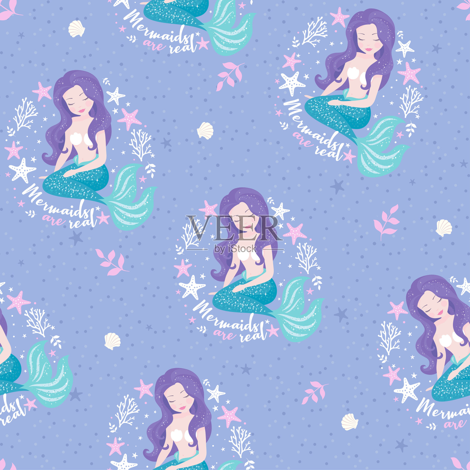 丁香美人鱼图案的孩子。美丽的美人鱼，紫色的头发。女孩打印。时尚插画，现代风格的服装。插画图片素材