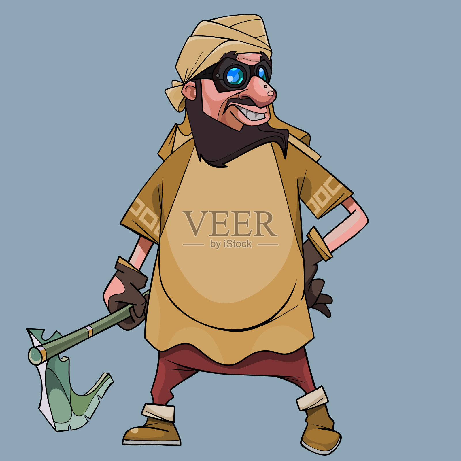 卡通人物戴着钢铁工人的眼镜，手里拿着一把古董斧头插画图片素材