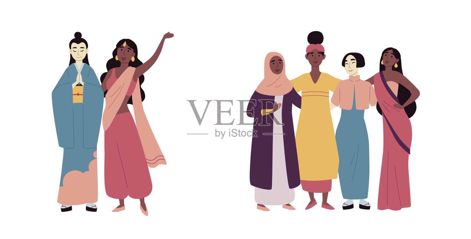 多元种族和多元文化的人群。社会多元化,友谊。非洲，亚洲，穆斯林，印度妇女。插画图片素材