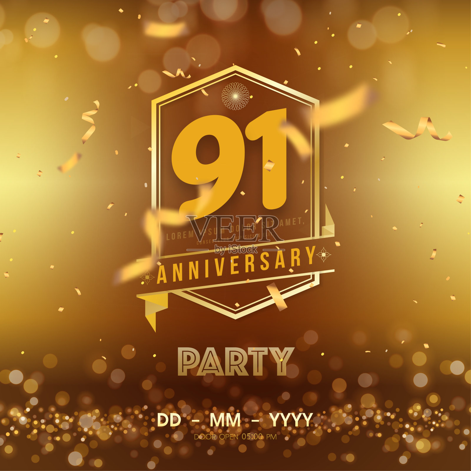 91周年纪念标志模板上的黄金背景。91庆祝金色数字与金色丝带矢量和纸屑孤立的设计元素插画图片素材