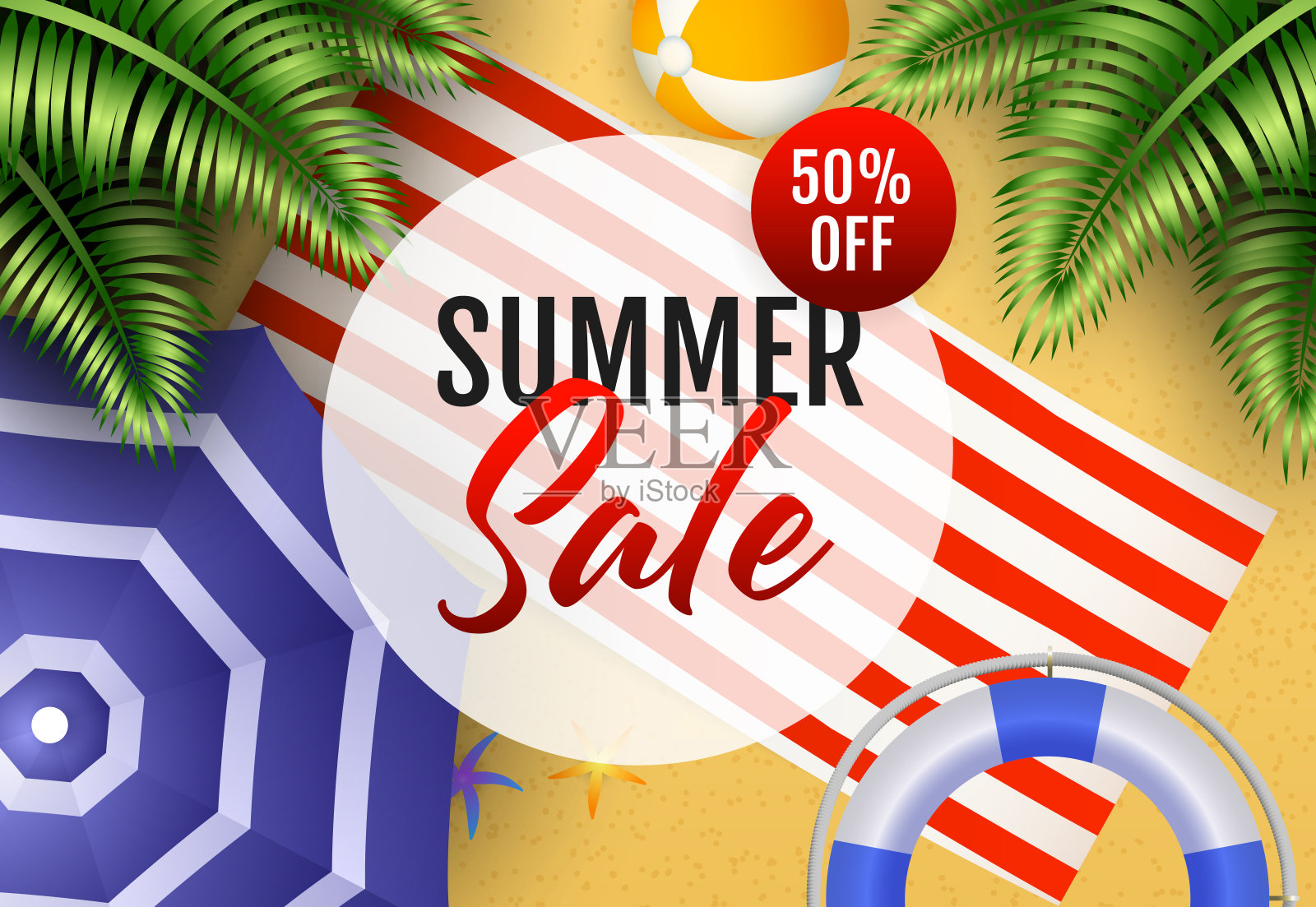 夏季销售字体与沙滩球，垫子和伞插画图片素材