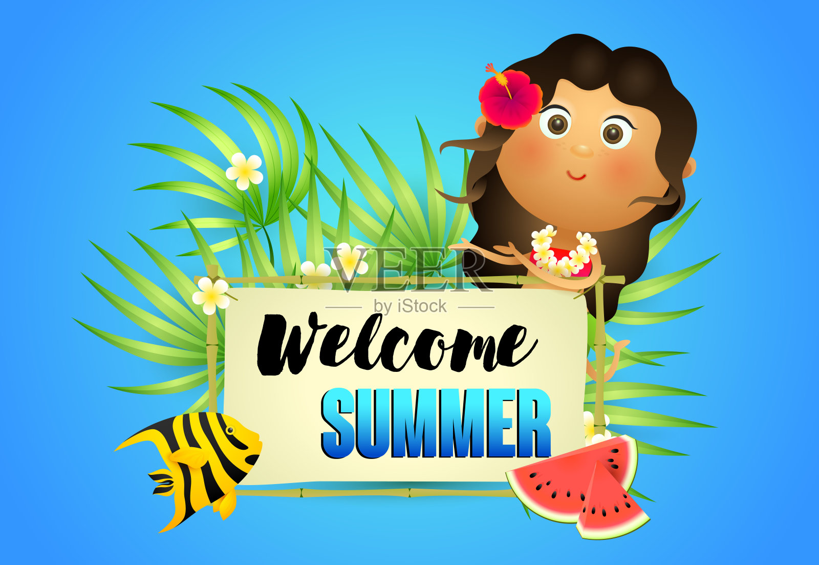 欢迎夏季来信与土著妇女和西瓜插画图片素材