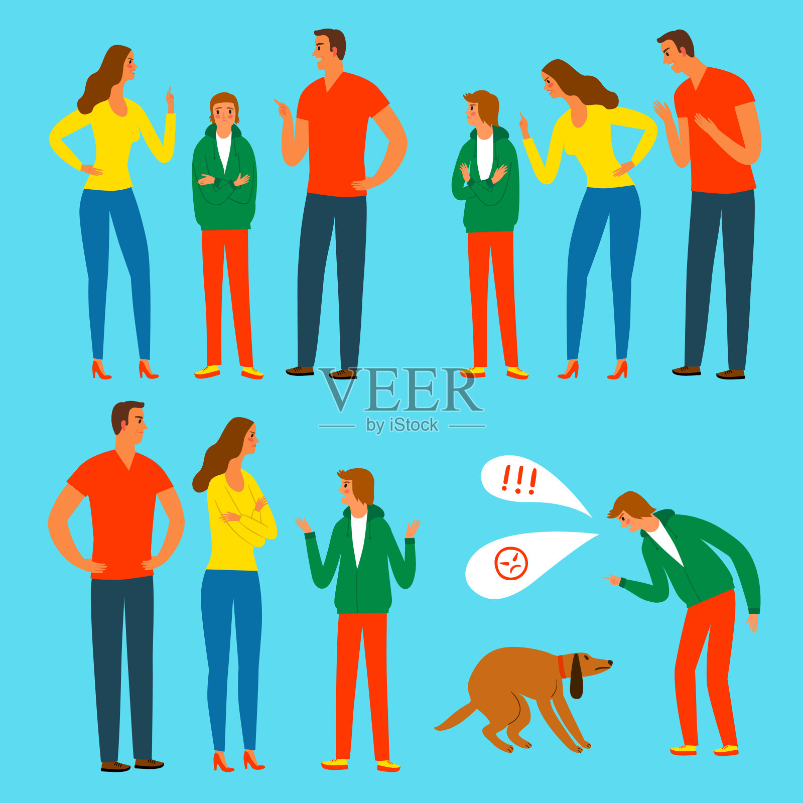 家庭冲突的父母和一个男孩少年集。插画图片素材