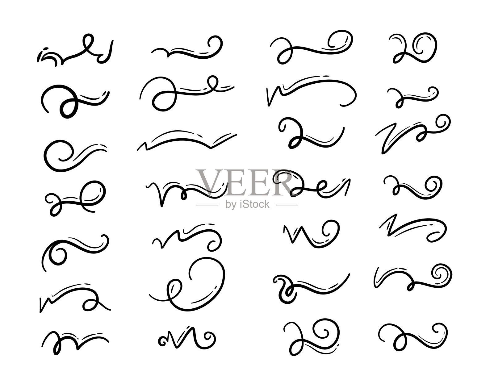 一套手绘字母和书法漩涡，潦草。矢量墨水漩涡和俯冲组成装饰设计元素图片