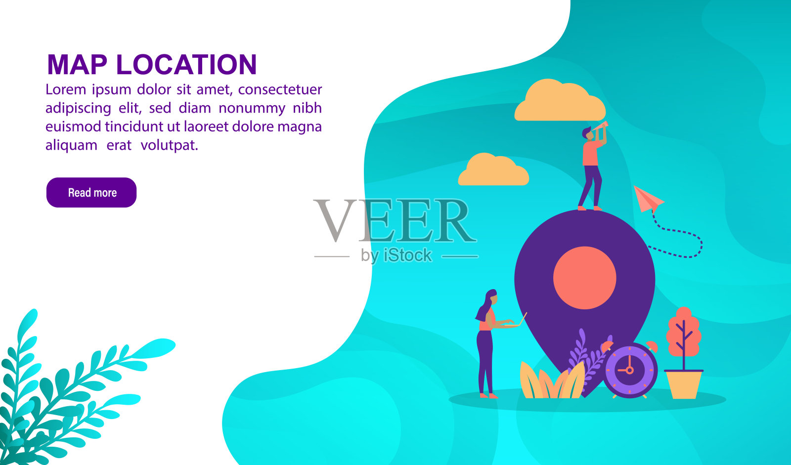地图位置插图概念与人物。模板，横幅，演示，社交媒体，海报，广告，促销插画图片素材