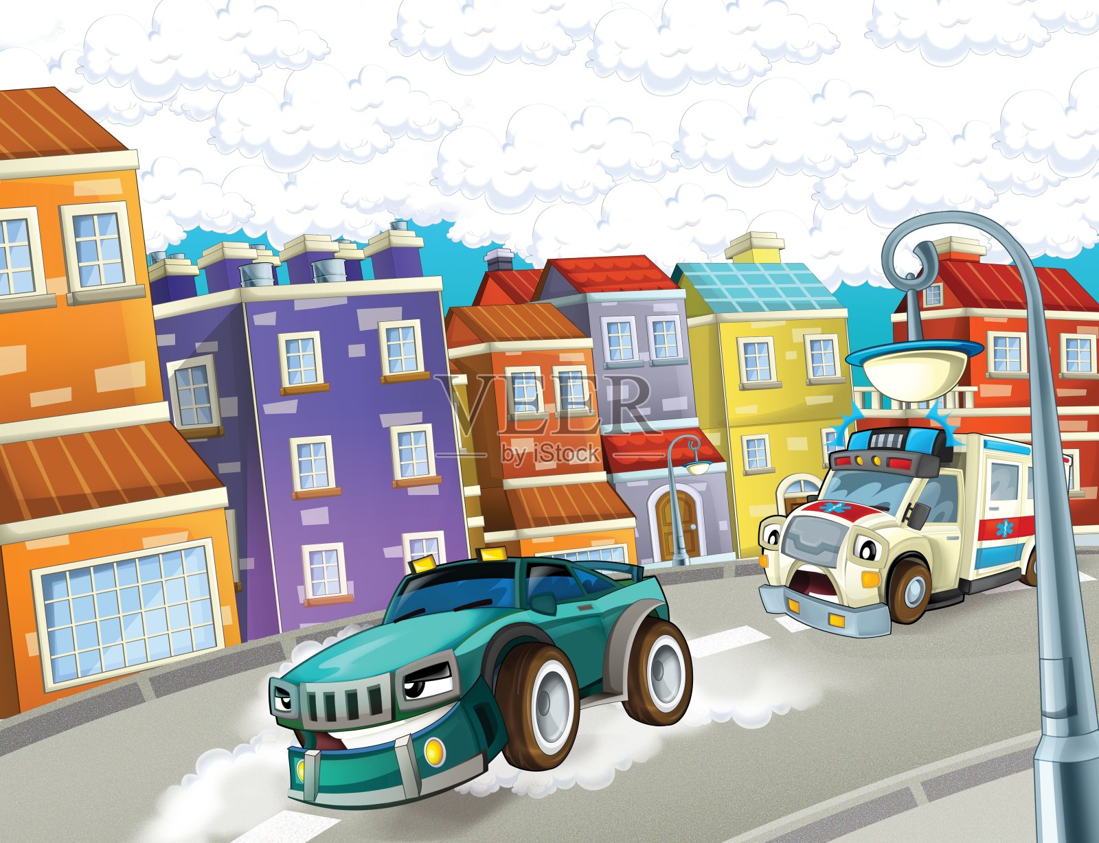 卡通场景与紧急单位-救护车和街头赛车插画图片素材