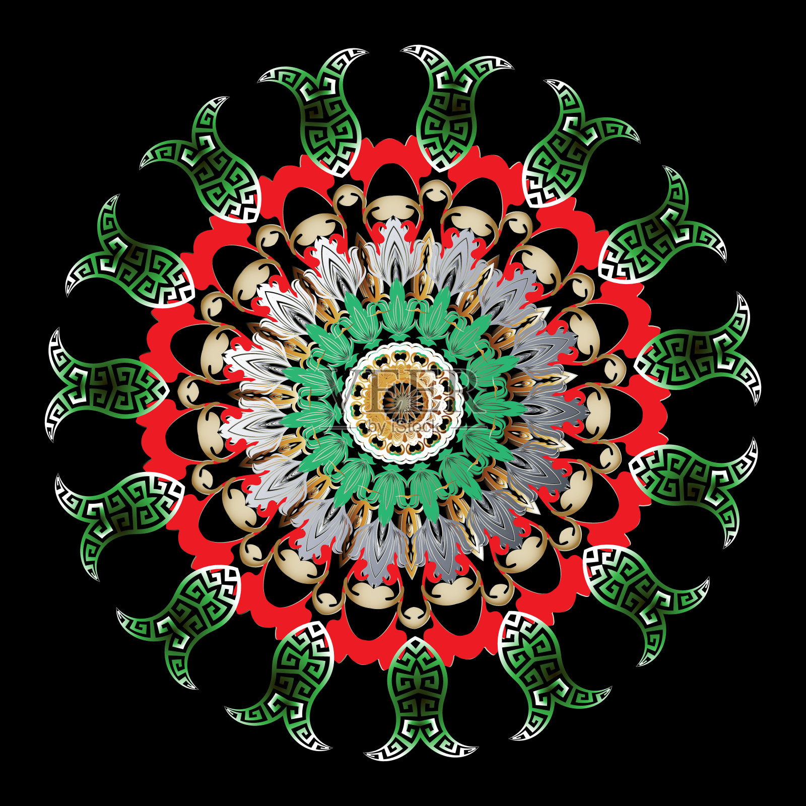 彩色观赏古希腊曼荼罗图案。矢量图案的圆形花卉装饰。优雅的巴洛克风格的花朵，叶子，线条，形状。几何民族框架。希腊键蜿蜒华丽的设计插画图片素材