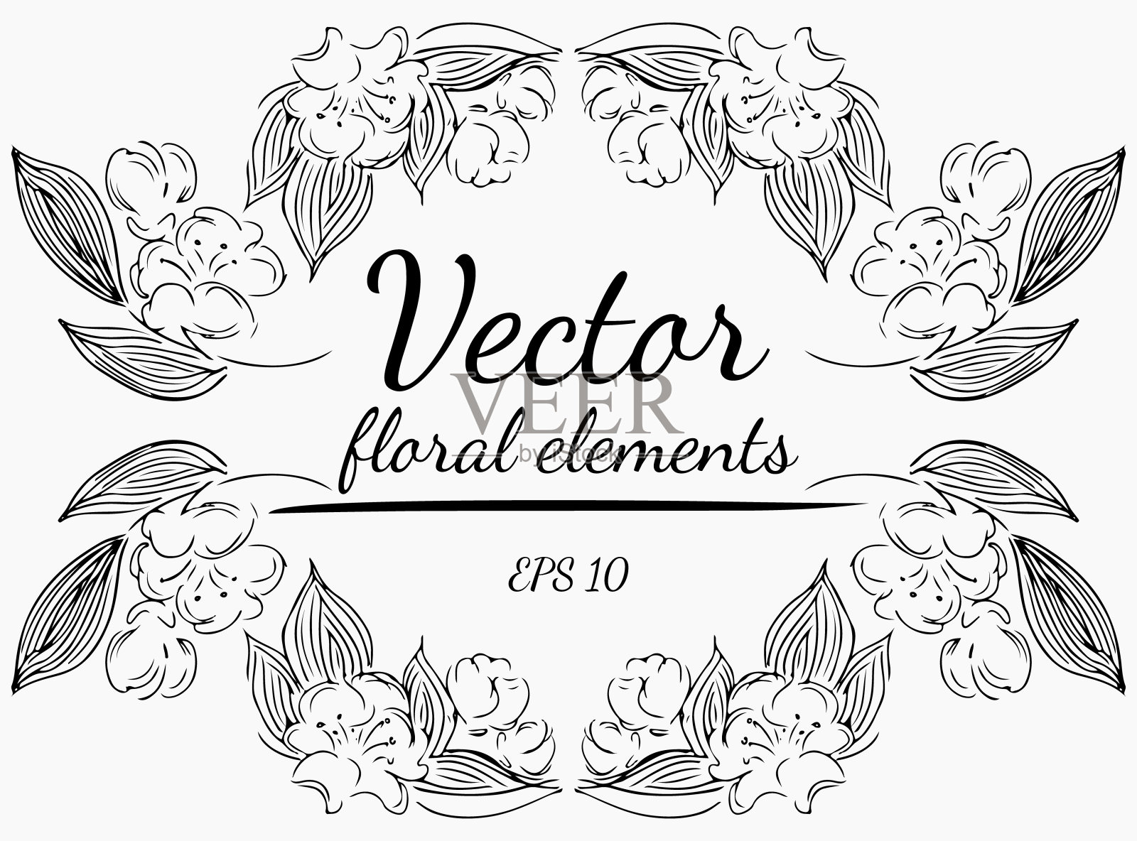 一个玫瑰花圈在灰色背景上分枝。手绘矢量插图。向量的元素。插画图片素材