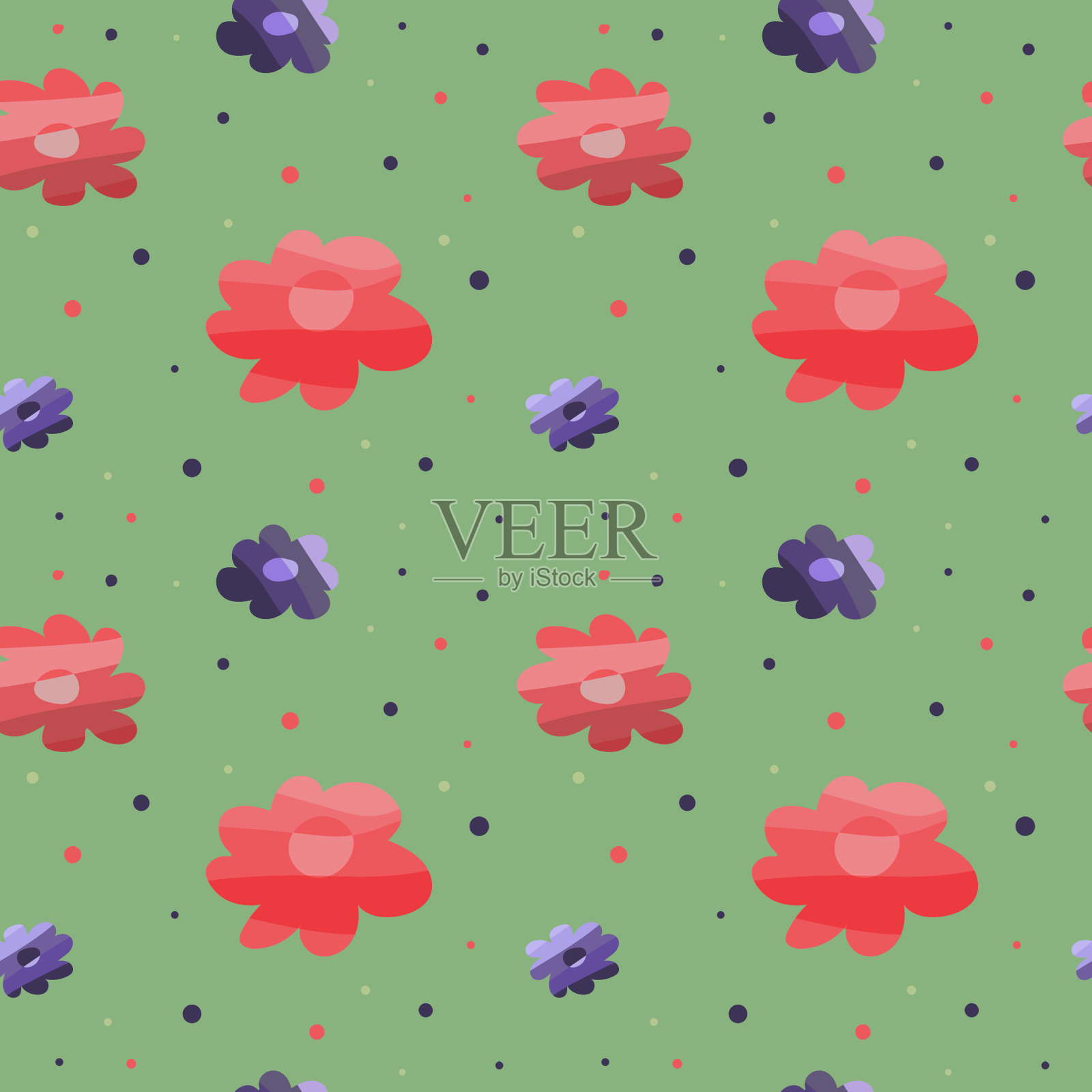 无缝图案与花在红色和紫色的颜色在绿色的背景插画图片素材