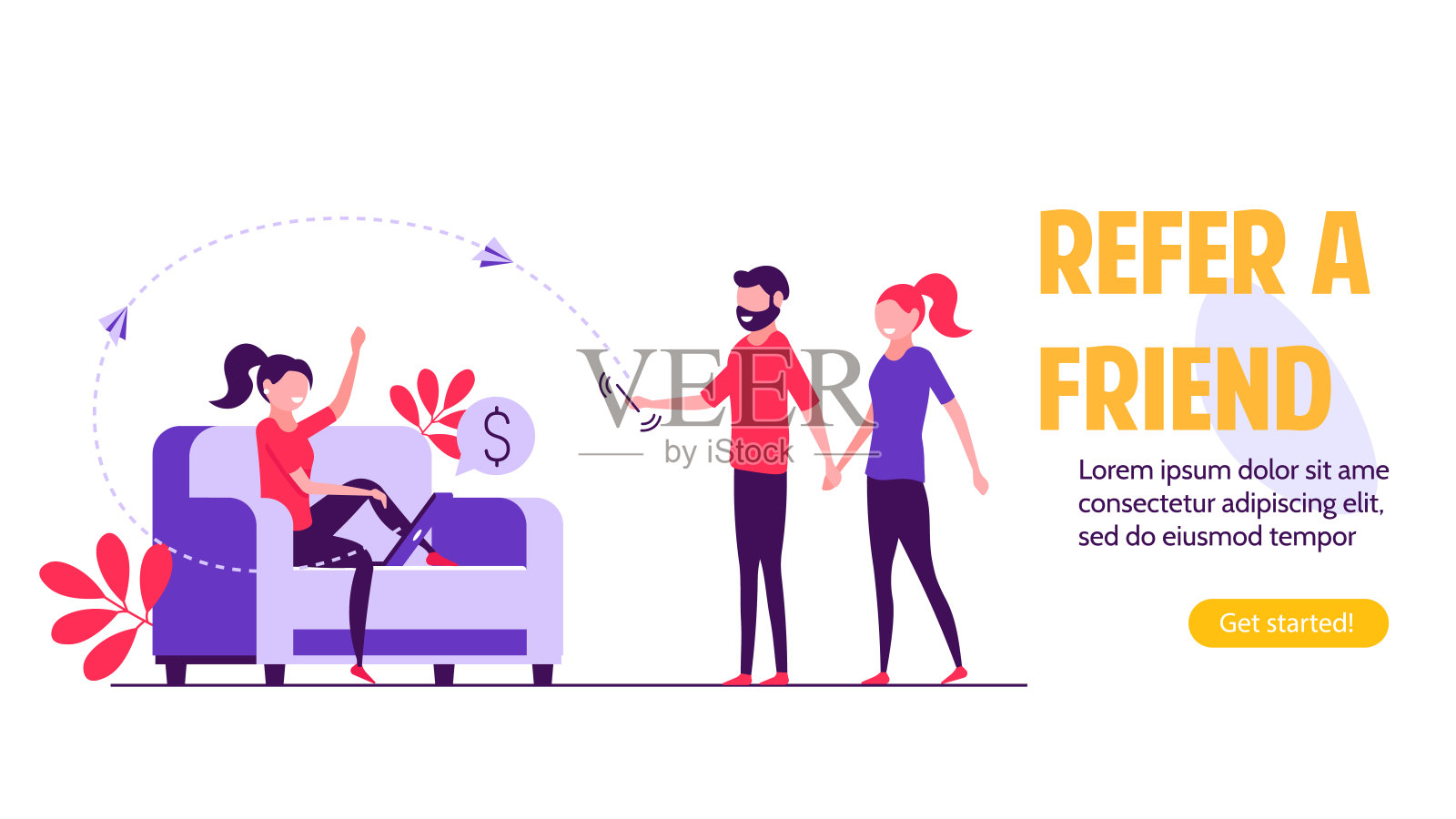 参考朋友矢量插图的概念。一群年轻男女用金钱和礼物吸引顾客。推荐计划和社交媒体营销的朋友。插画图片素材