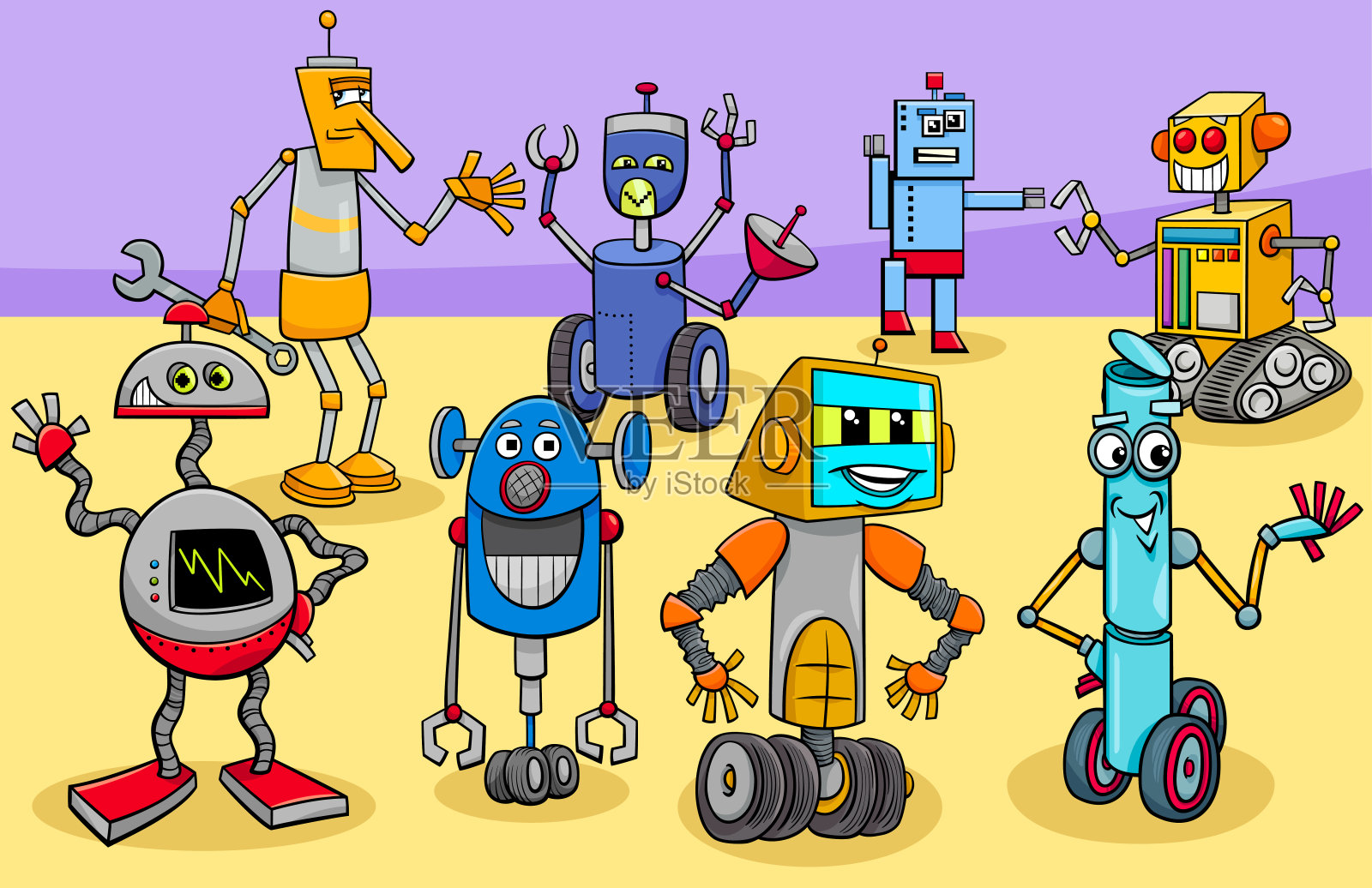 有趣的机器人卡通幻想人物组插画图片素材