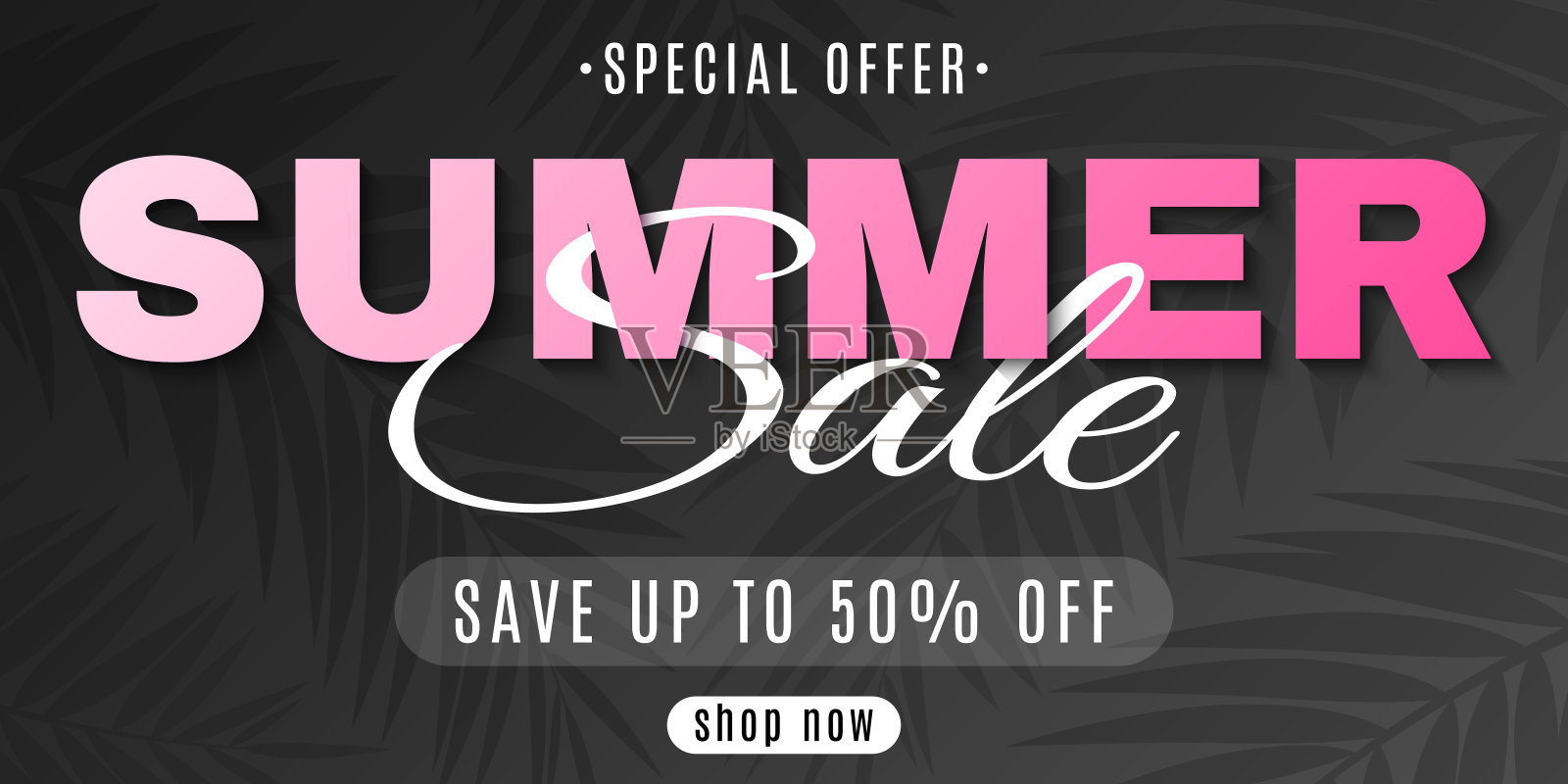 网页横幅为夏季销售在一个黑色的背景与棕榈树。特别优惠价。热的交易。创意字体。美小册子。夏天收集。季节性购物。矢量插图。每股收益10。设计模板素材